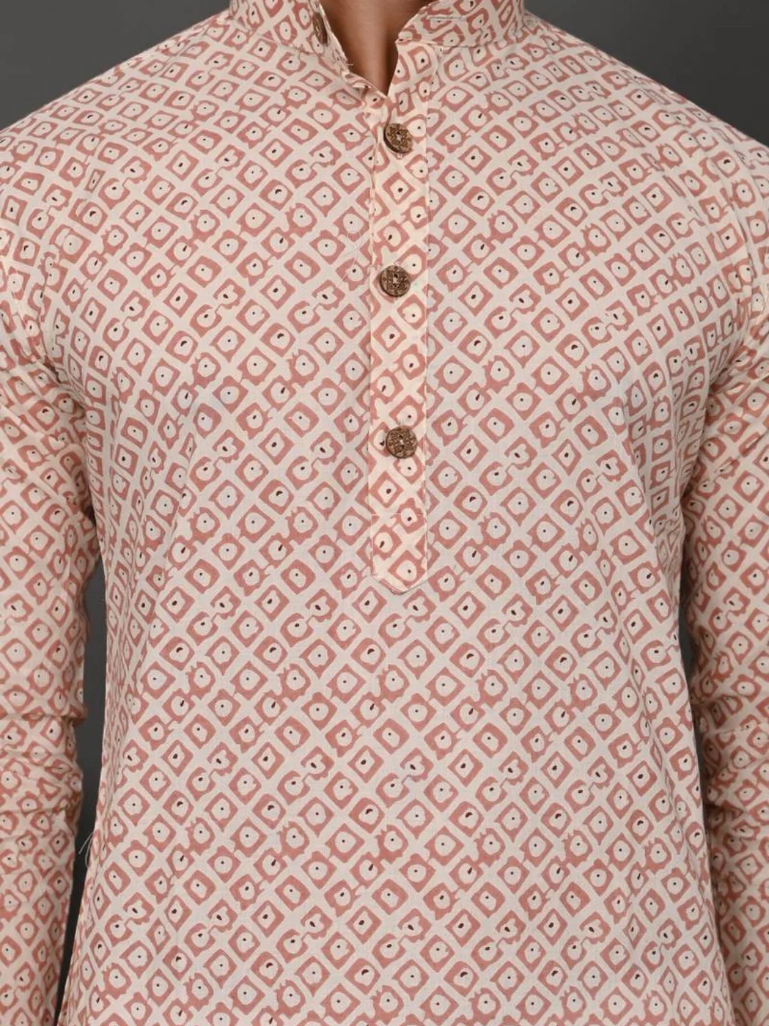 Baby Pink Block Print Long Kurta & Pyjama Set - Image 3