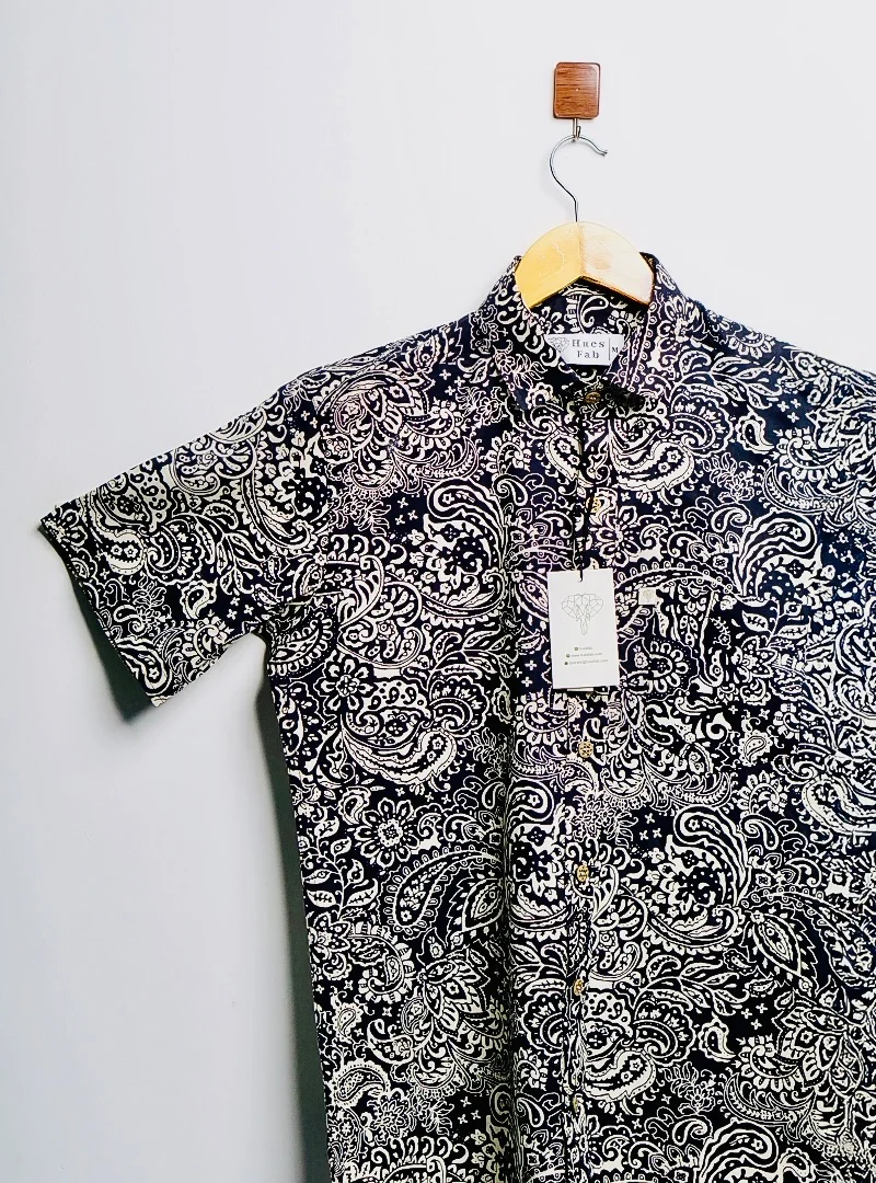 black-cream paisley half-sleeves shirt