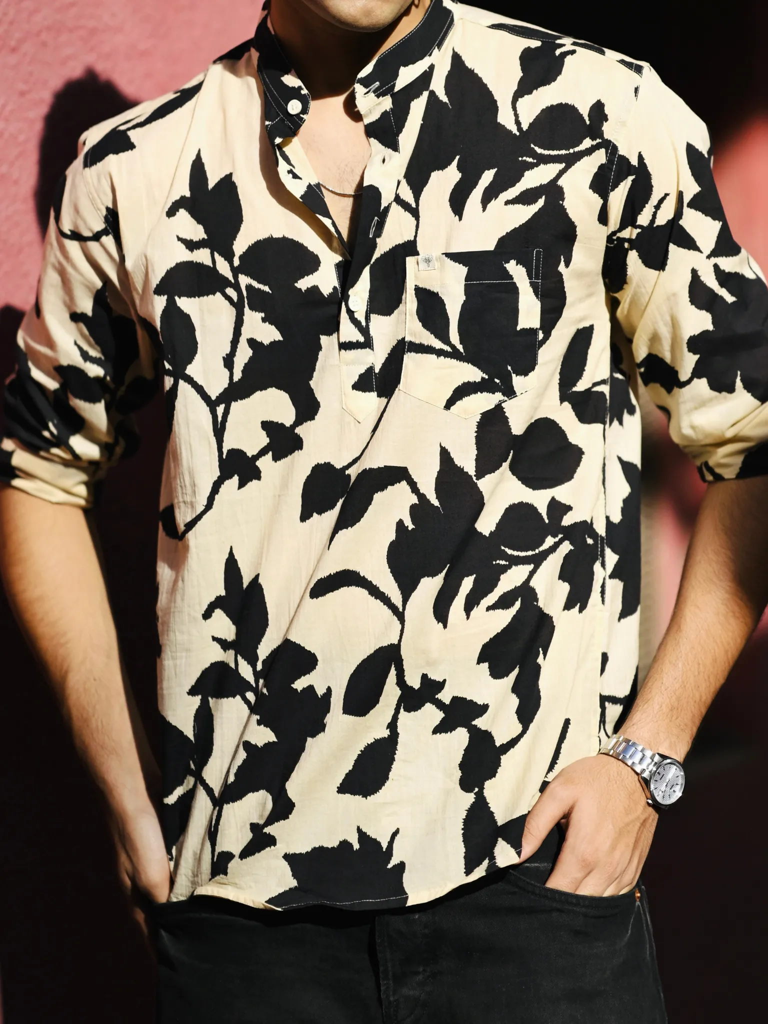 Black Cream Petals printed short kurta - Image 2
