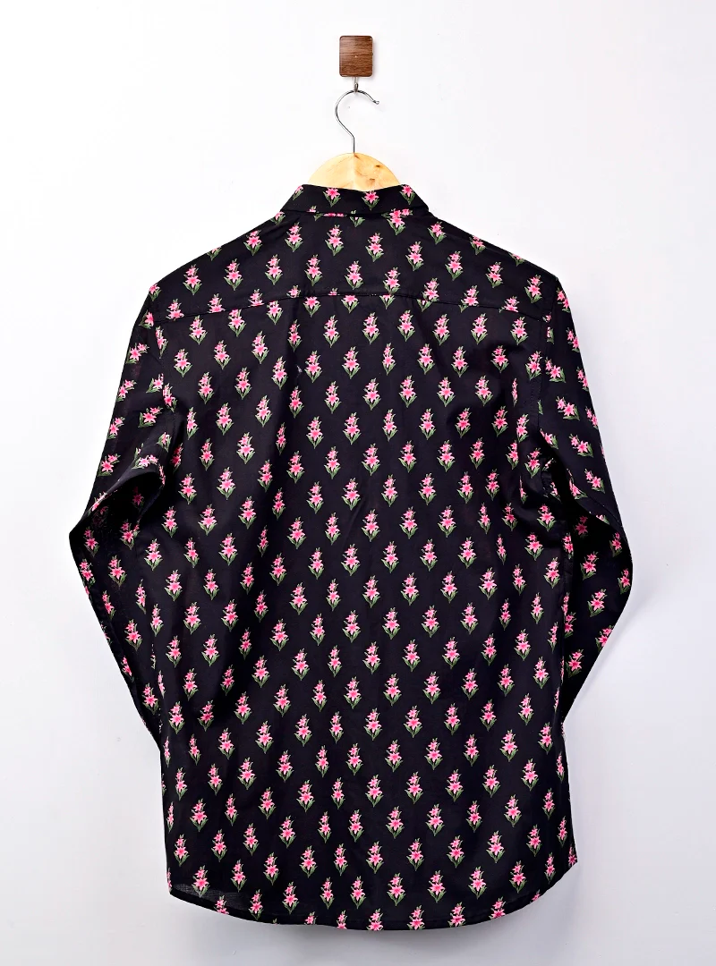 Black Pink Flower Printed Full Sleeves Shirt - Image 3