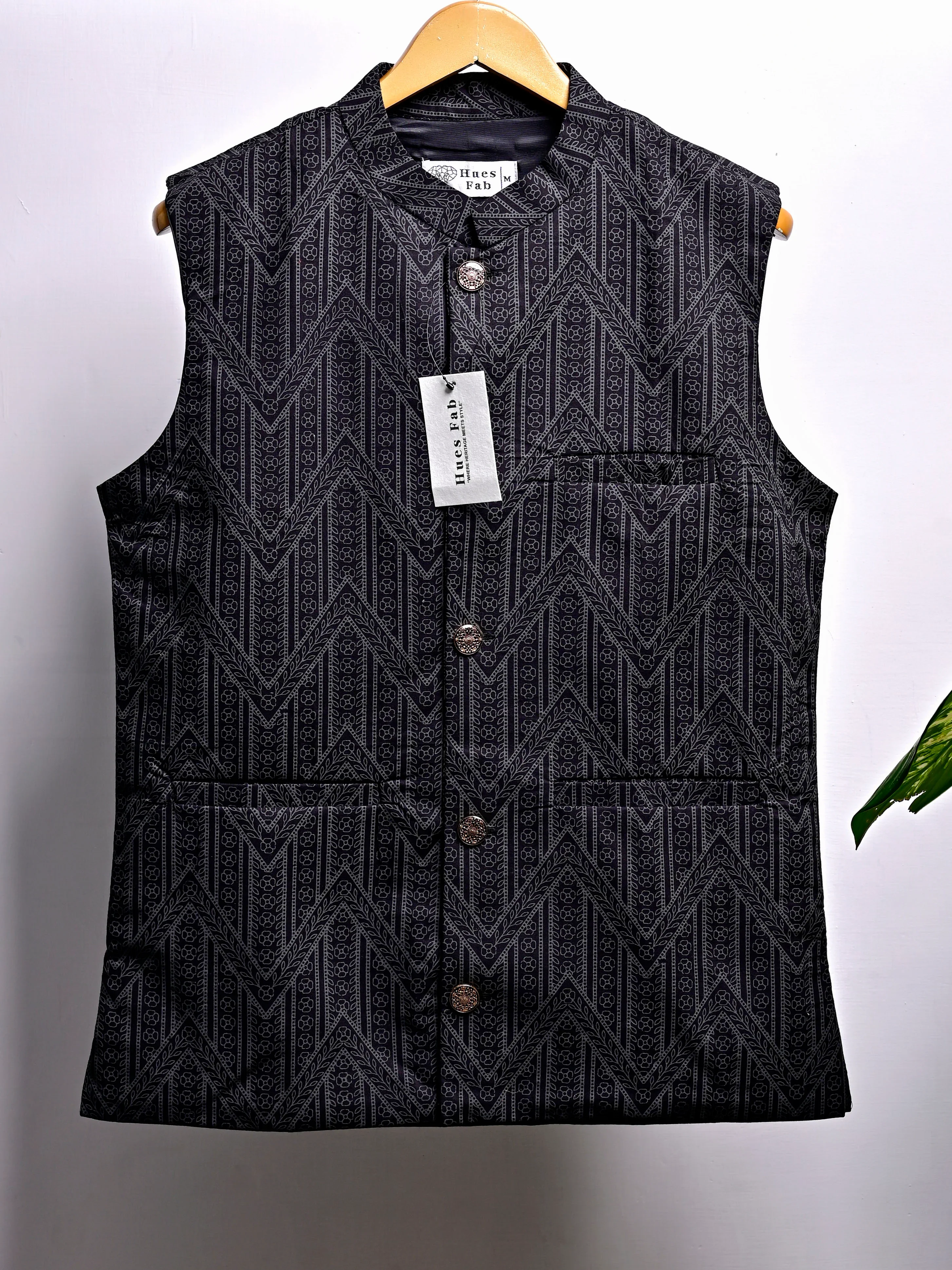 Black Self Pattern Block Printed Nehru Jacket - Image 2