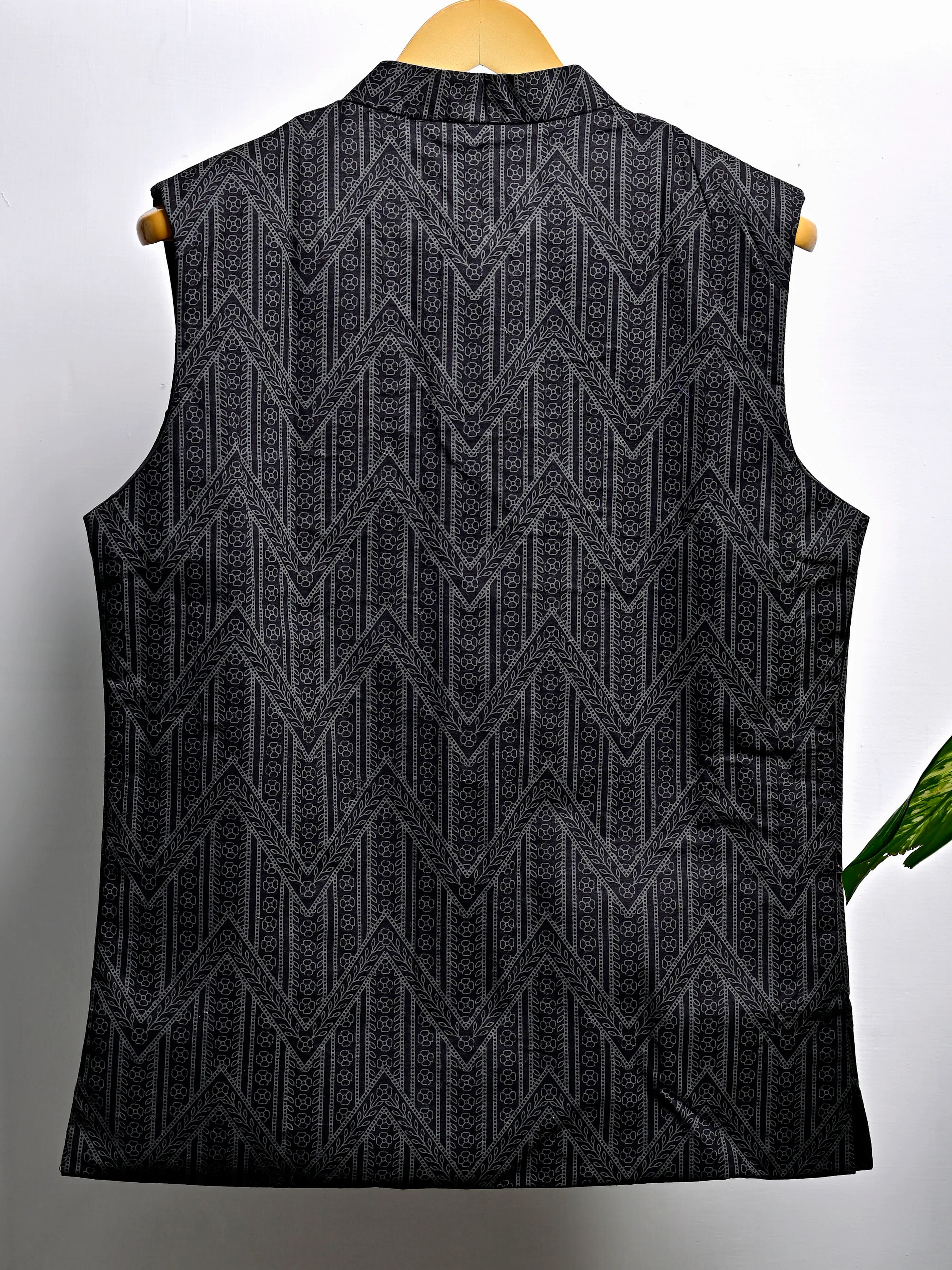 Black Self Pattern Block Printed Nehru Jacket - Image 3