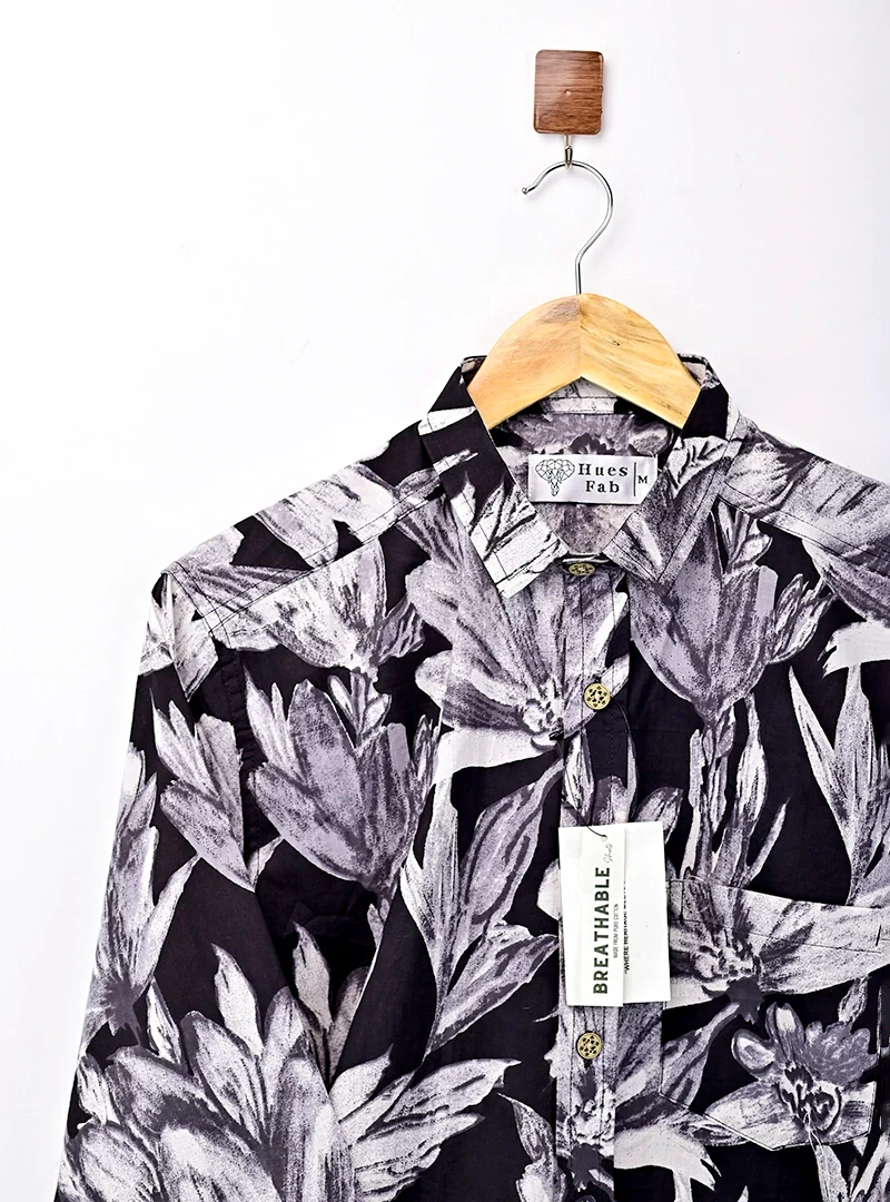black – White Floral Printed Full Sleeves Shirt