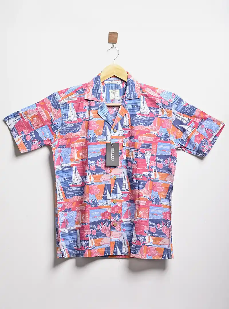 Blue Nautical Boat Print Cuban Collar Resort Shirt - Image 2