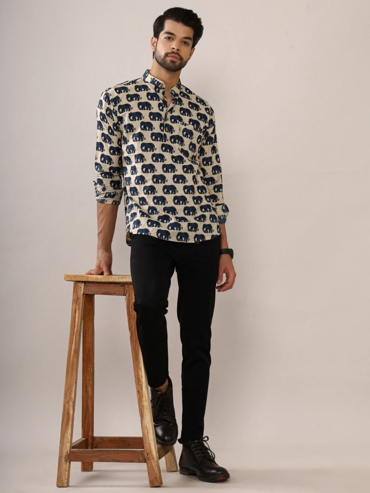 cream blue elephant printed short kurta - Image 2