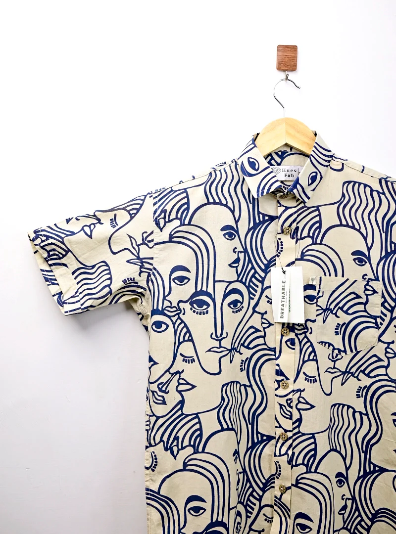 Cream Blue Faceart half Sleeves Shirt