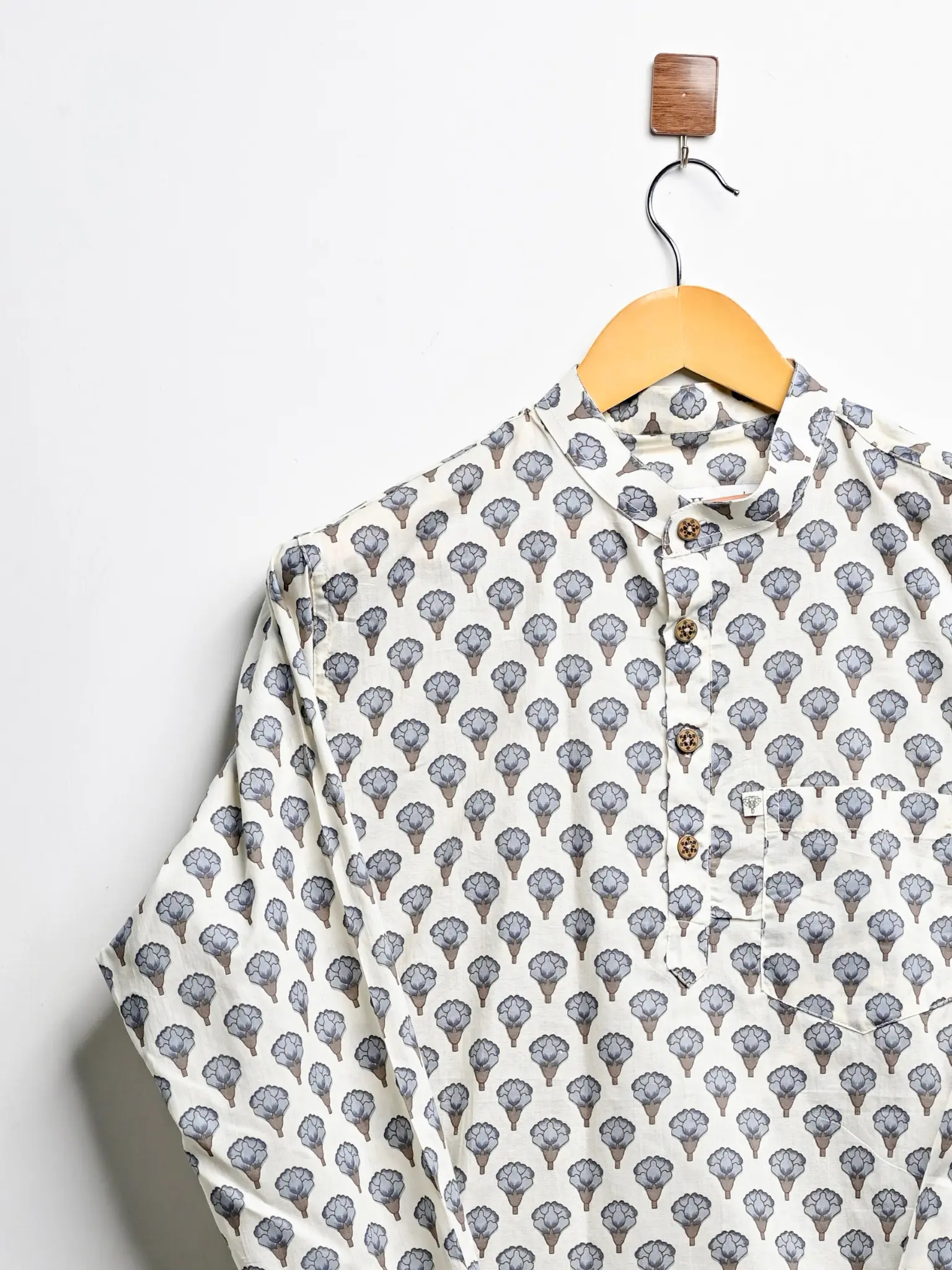 cream blue motif short kurta