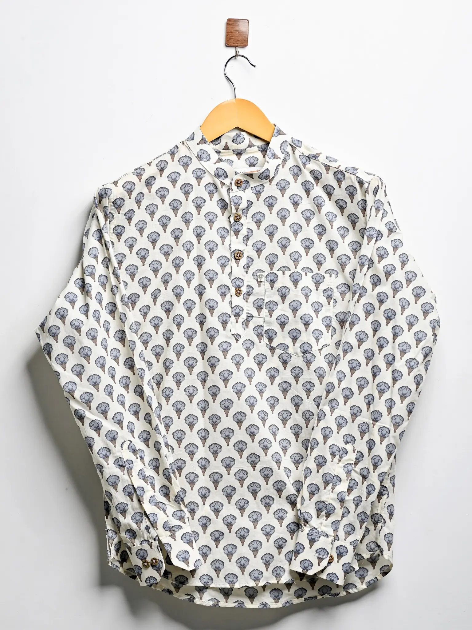 cream blue motif short kurta - Image 2