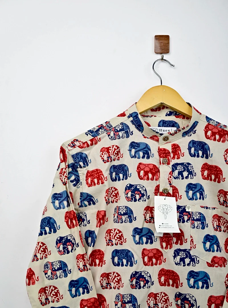 cream blue/red elephant Printed short kurta - Image 4