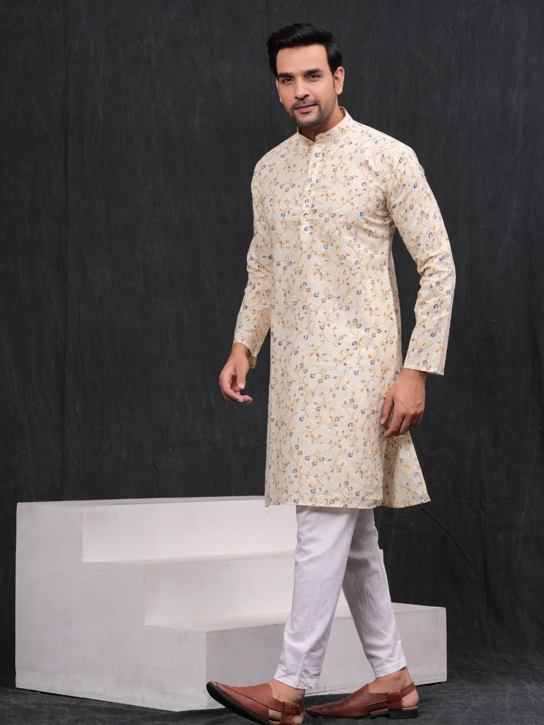 Cream Chikankari Leaf Printed Kurta & Pajama Set - Image 3