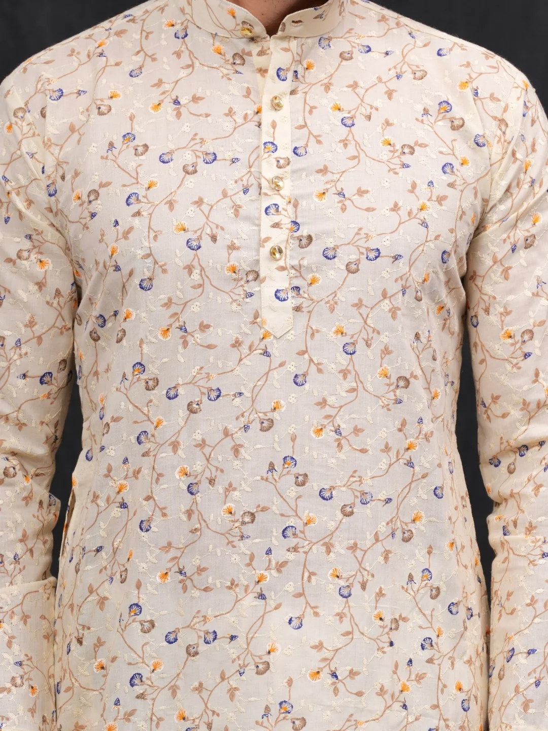 Cream Chikankari Leaf Printed Kurta & Pajama Set - Image 4