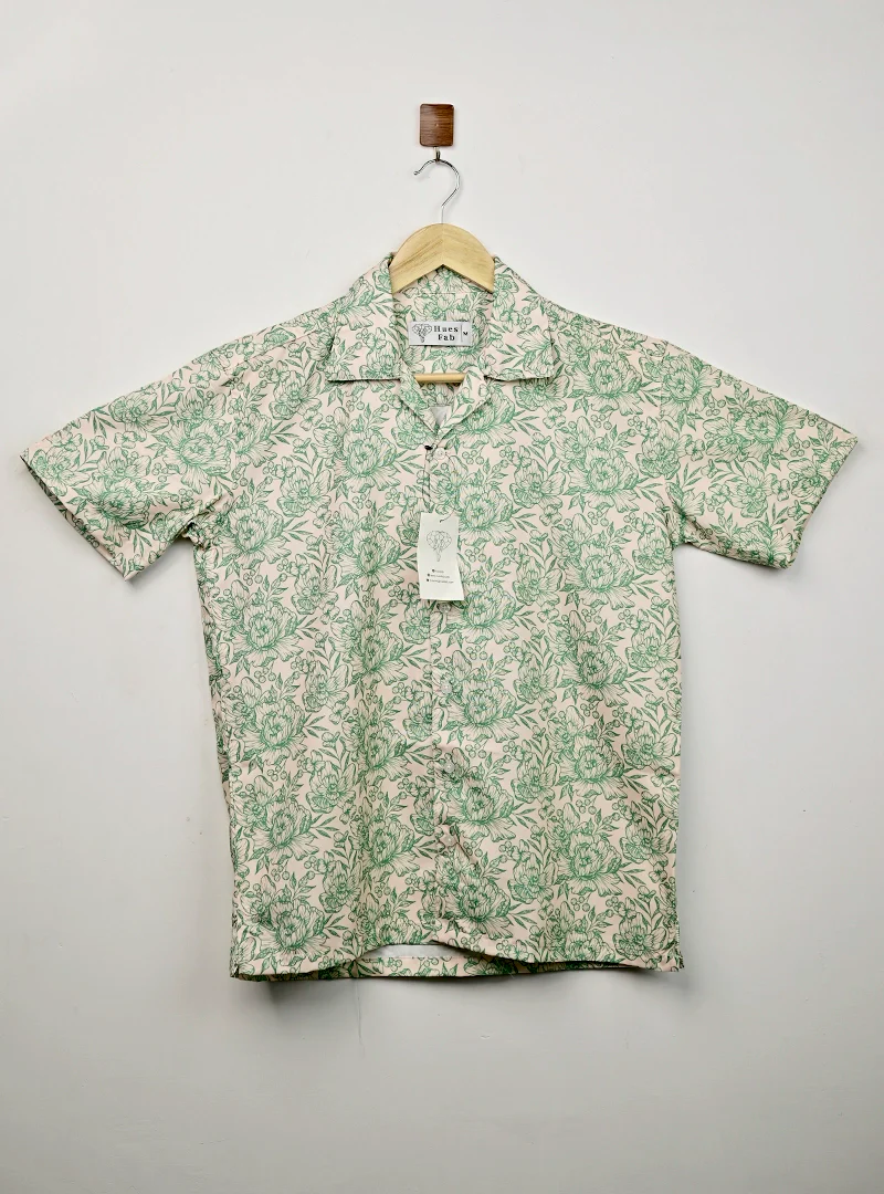 Cream Green Floral Cuban Collar Resort Shirt - Image 2