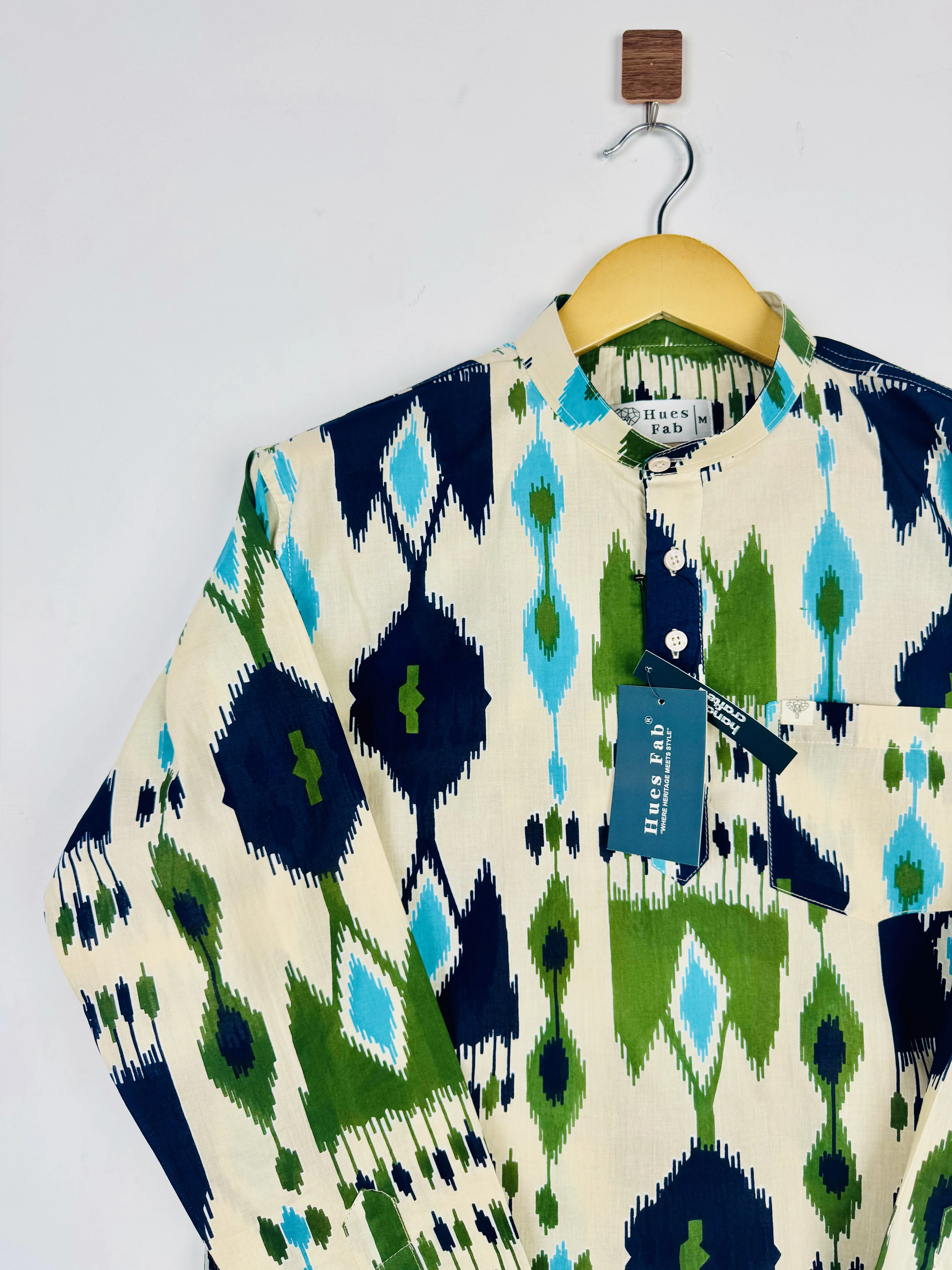 Cream Ikat Printed Short Kurta