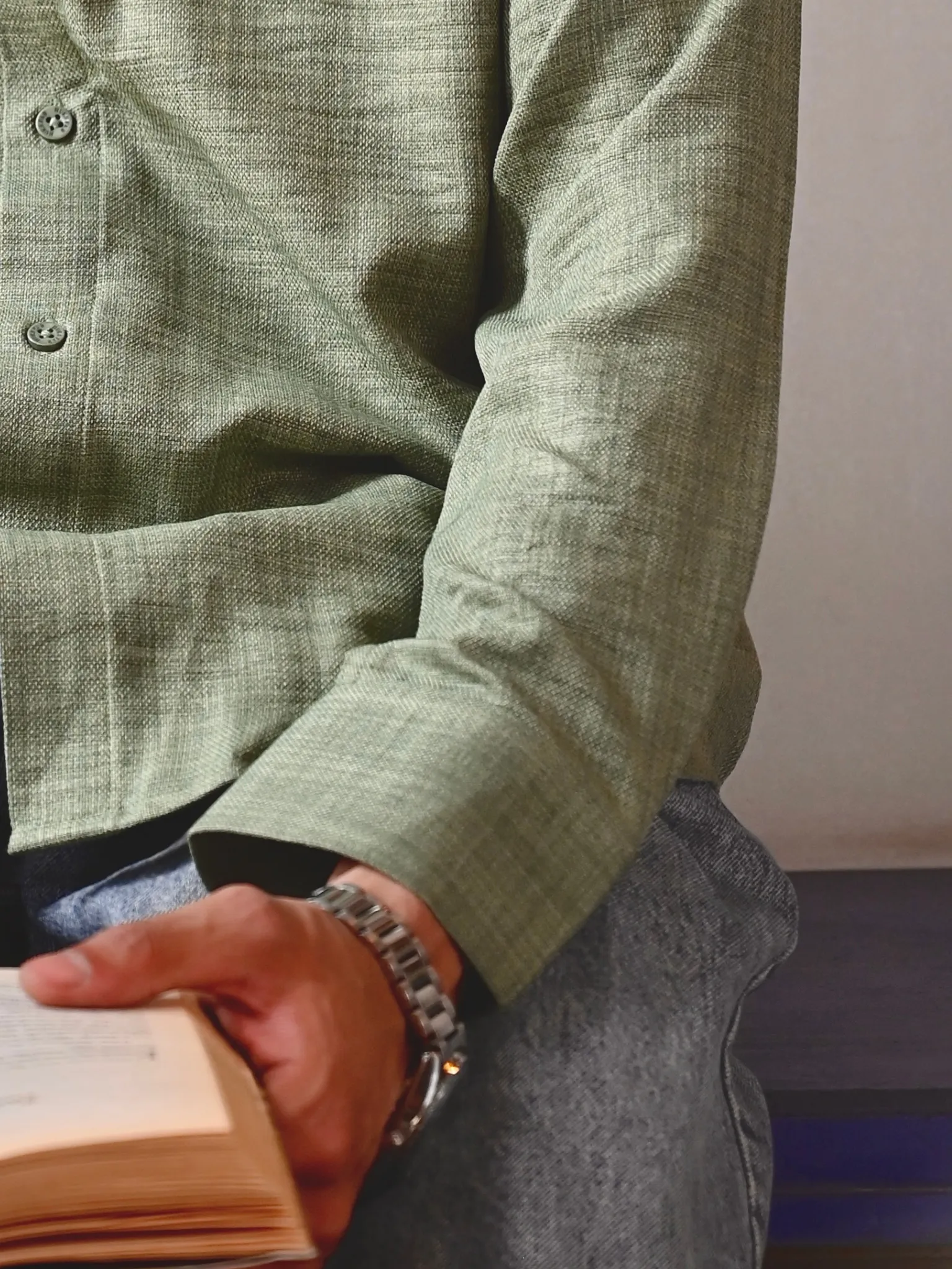green Linen Blend Mandarin collar Full Sleeves Shirt - Image 4