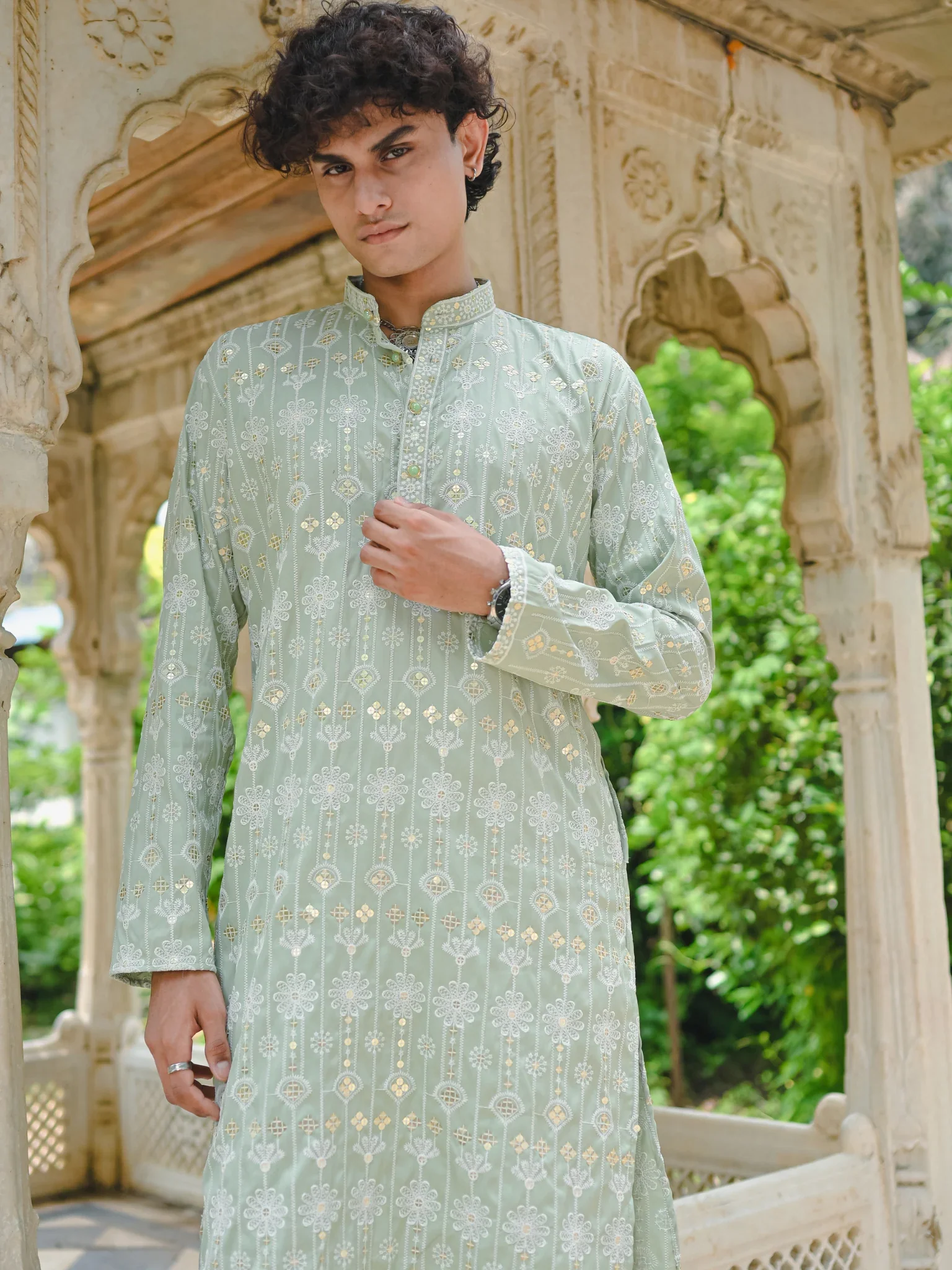 Green Thread And Mirror Work Long Kurta - Image 2