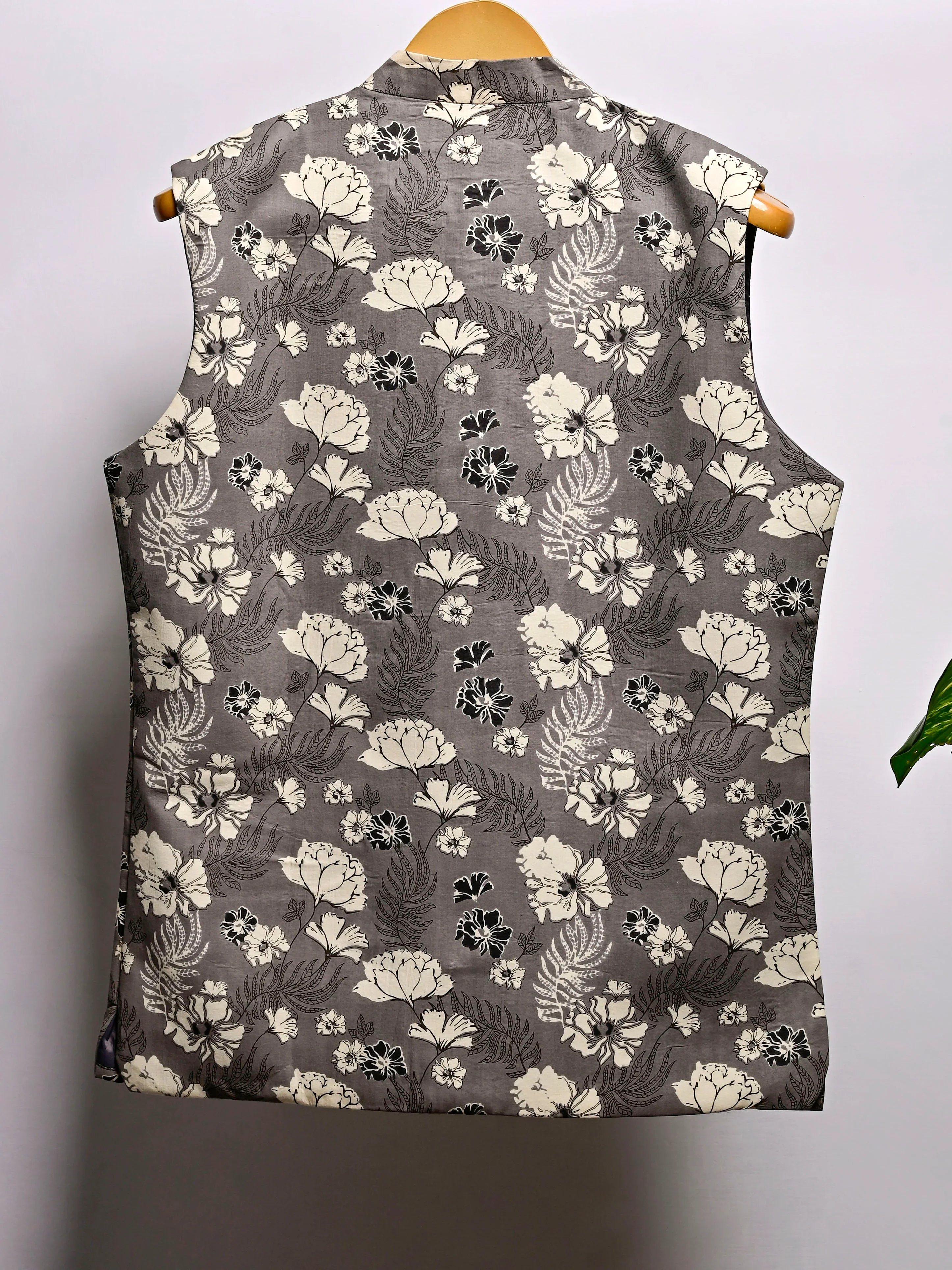 Grey Floral Printed Nehru Jacket - Image 5