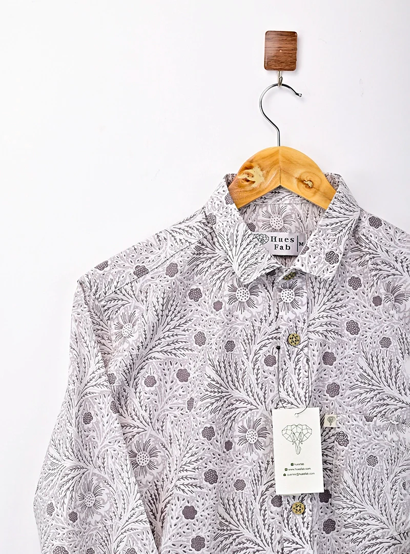 Grey Leaf Printed Full Sleeves Shirt