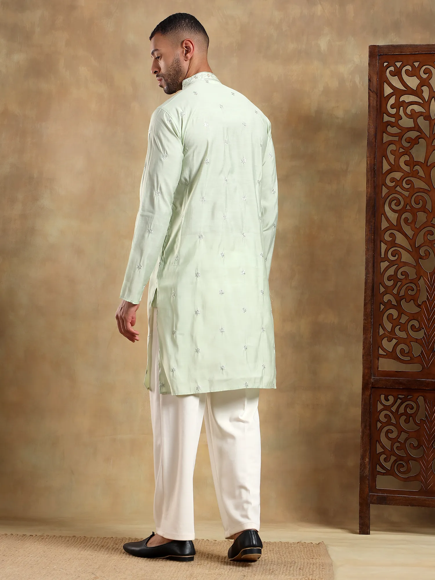 Light Green Embroidered Long Kurta - Image 2