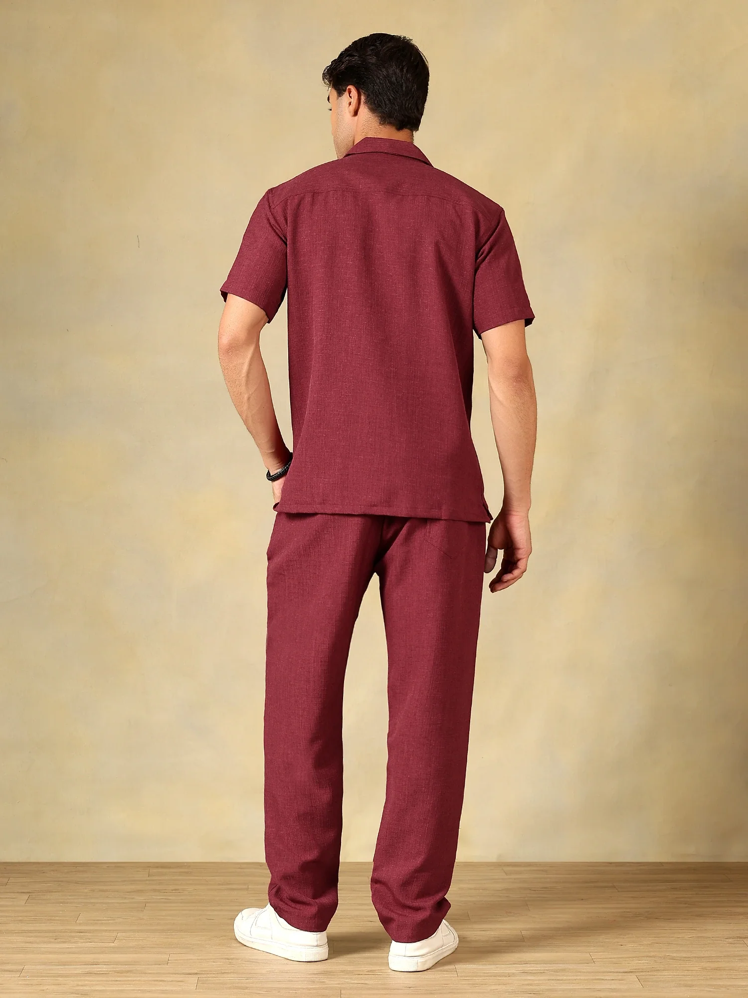 Linen Blend Maroon Co-Ord Set For Men - Image 3