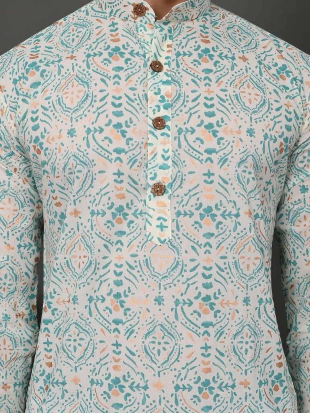 Mint Golden Block Print Long Kurta & Pyjama Set - Image 3