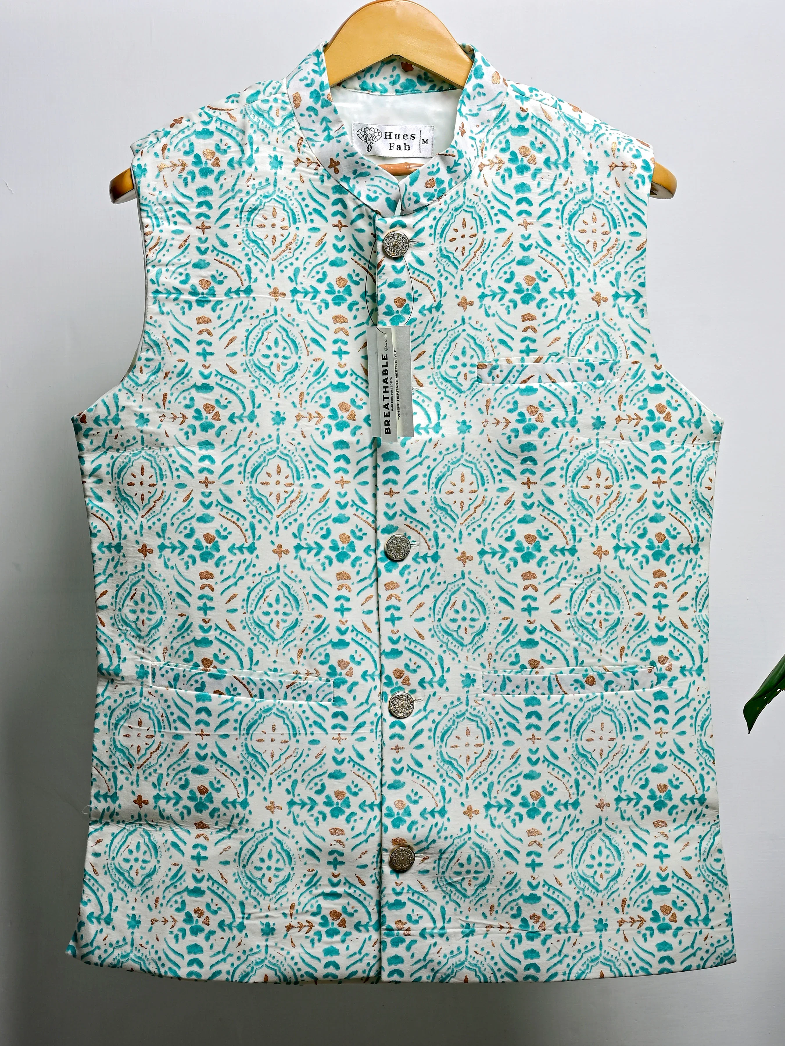 Mint Golden Block Printed Nehru Jacket - Image 2