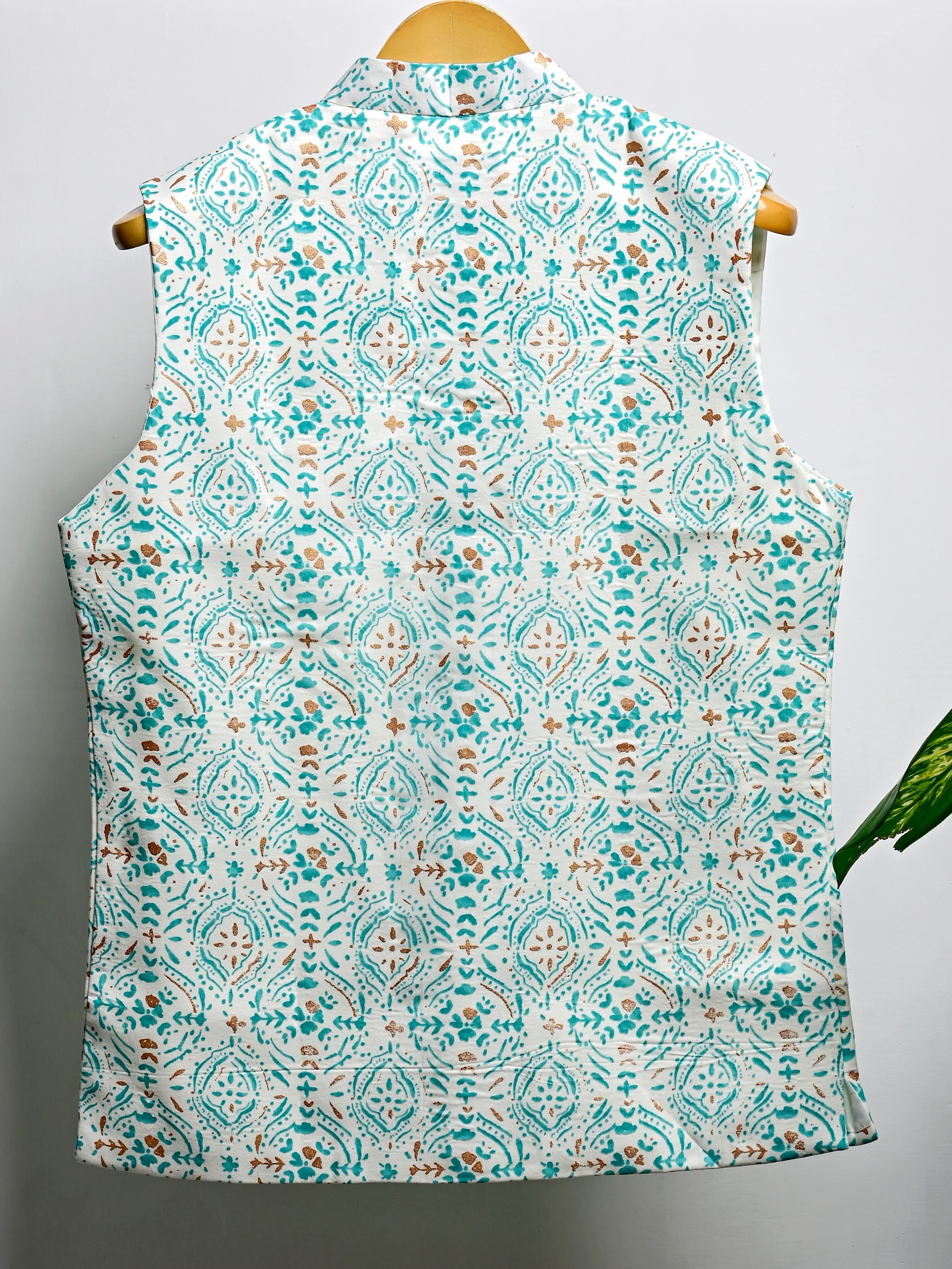 Mint Golden Block Printed Nehru Jacket - Image 3