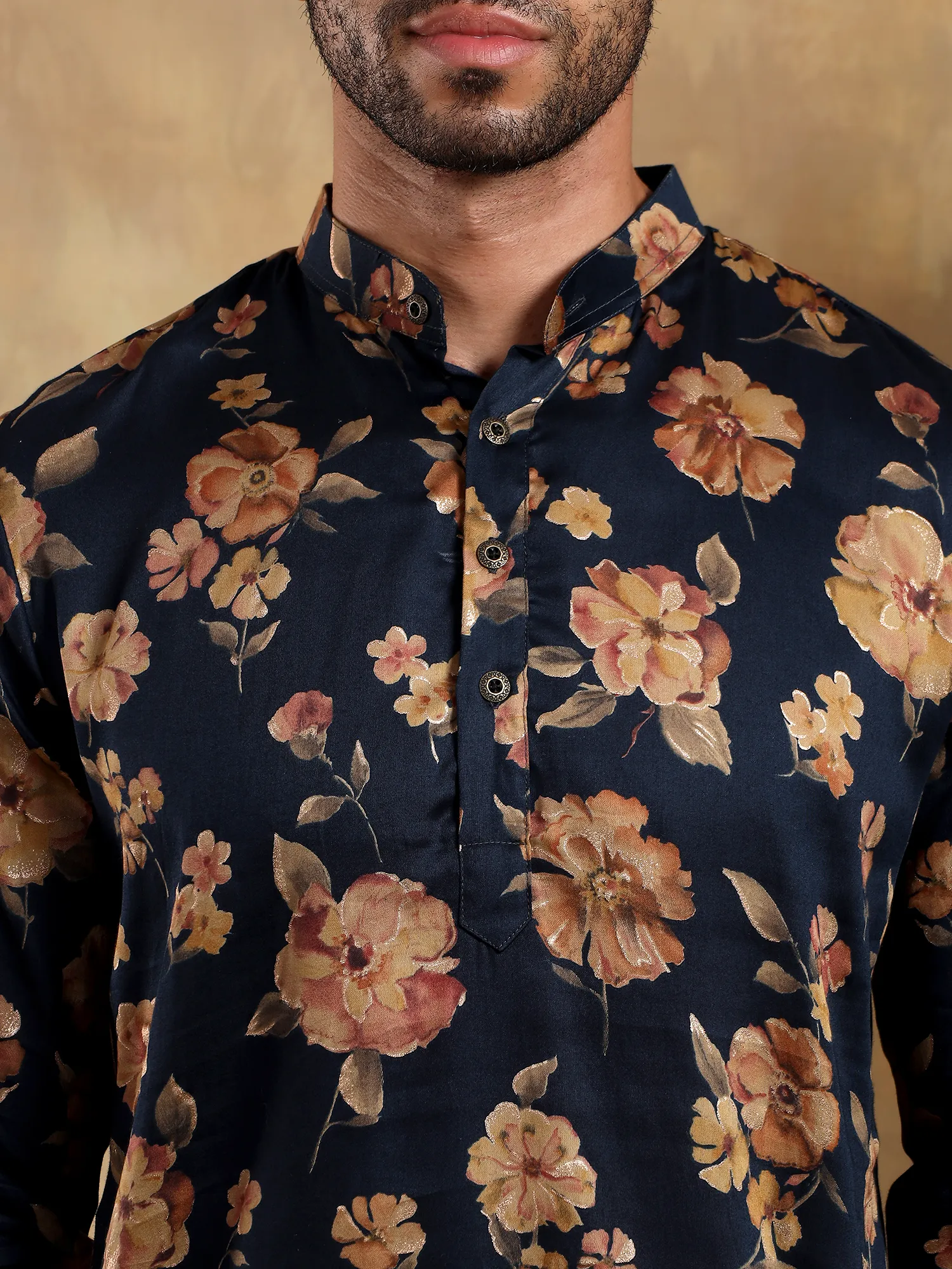 Navy Blue Floral Printed Long Kurta - Image 3