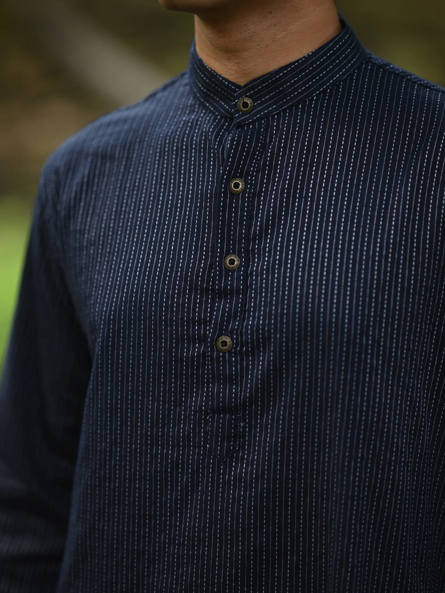 Navy Blue Kantha Thread Work Long Kurta & pyjama set - Image 2