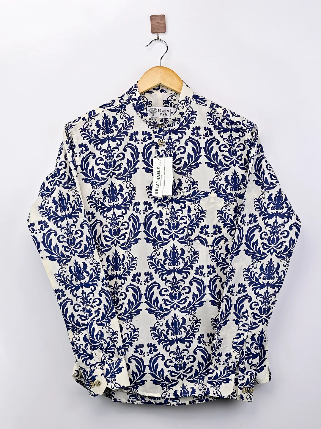 Off White – Blue Block Printed Short Kurta - Image 2