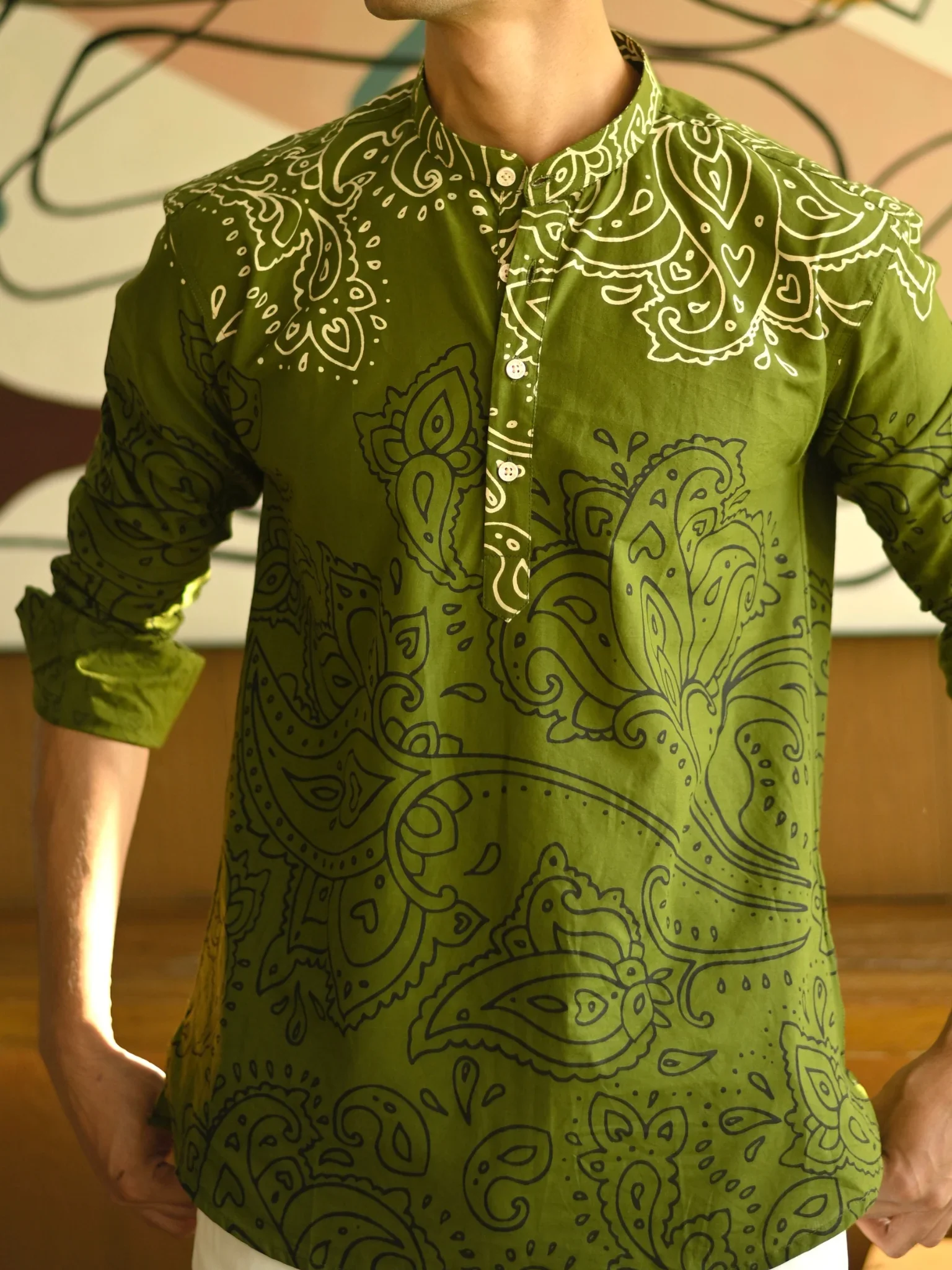Olive Black Paisley short kurta - Image 2