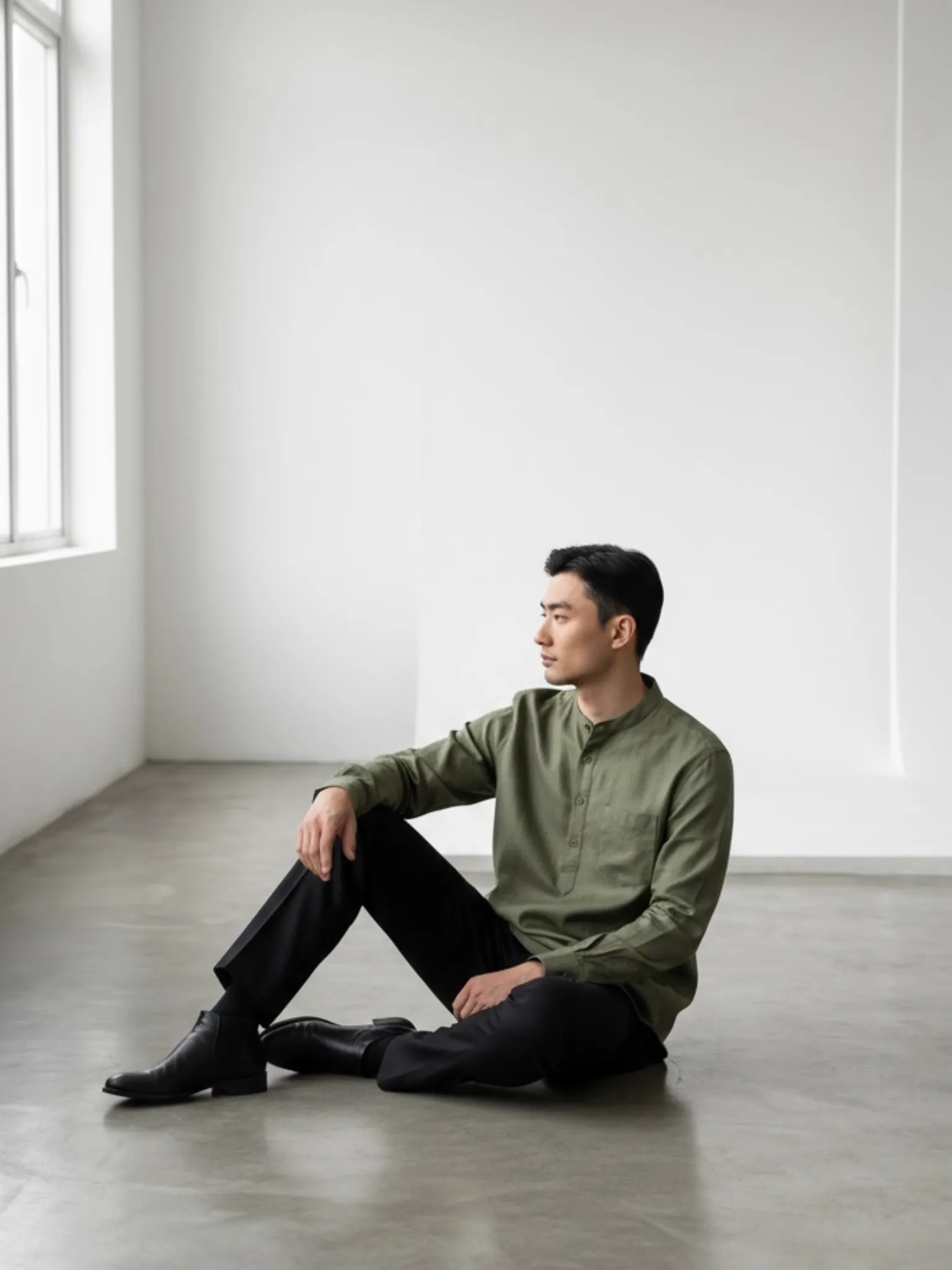 Olive Linen Blend textured Short Kurta - Image 3