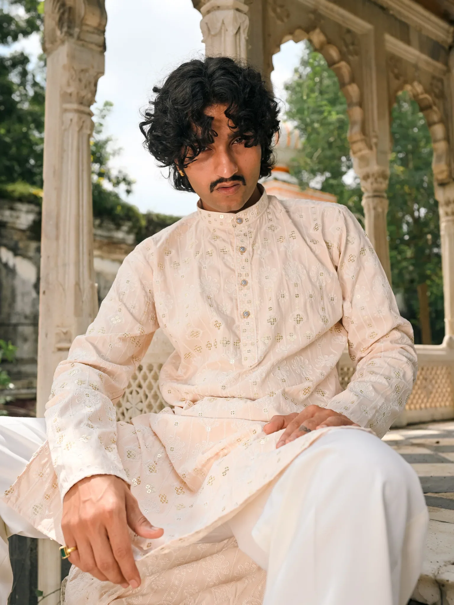 Peach Thread And Mirror Work Long Kurta - Image 2