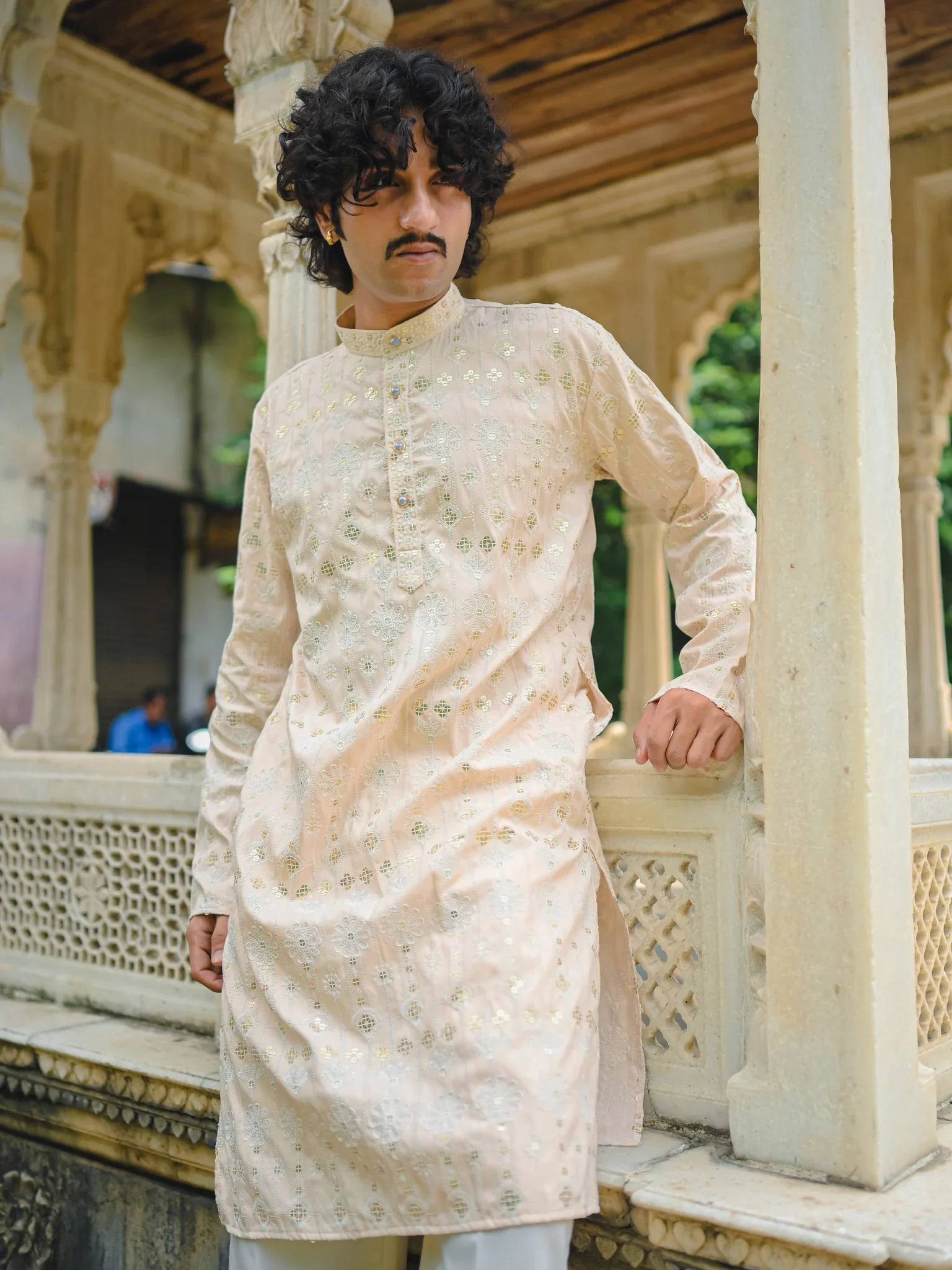 Peach Thread And Mirror Work Long Kurta - Image 3
