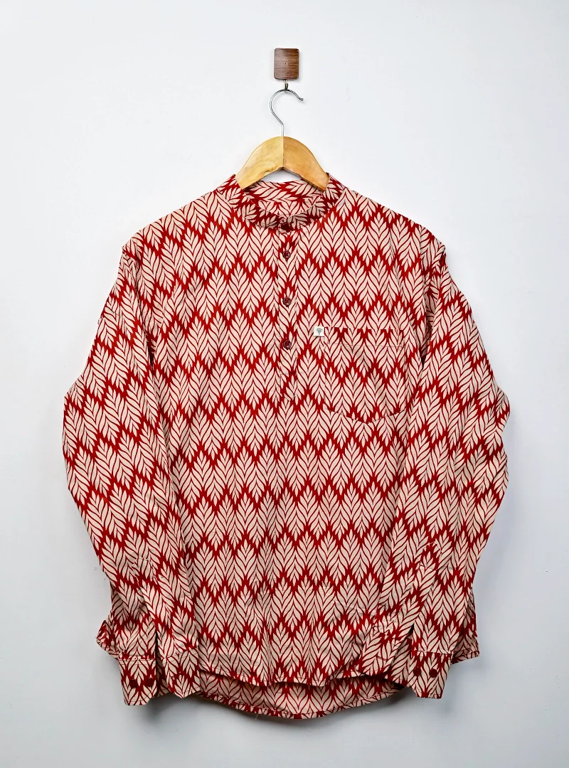 Red Cream Leaf Printed short kurta - Image 2