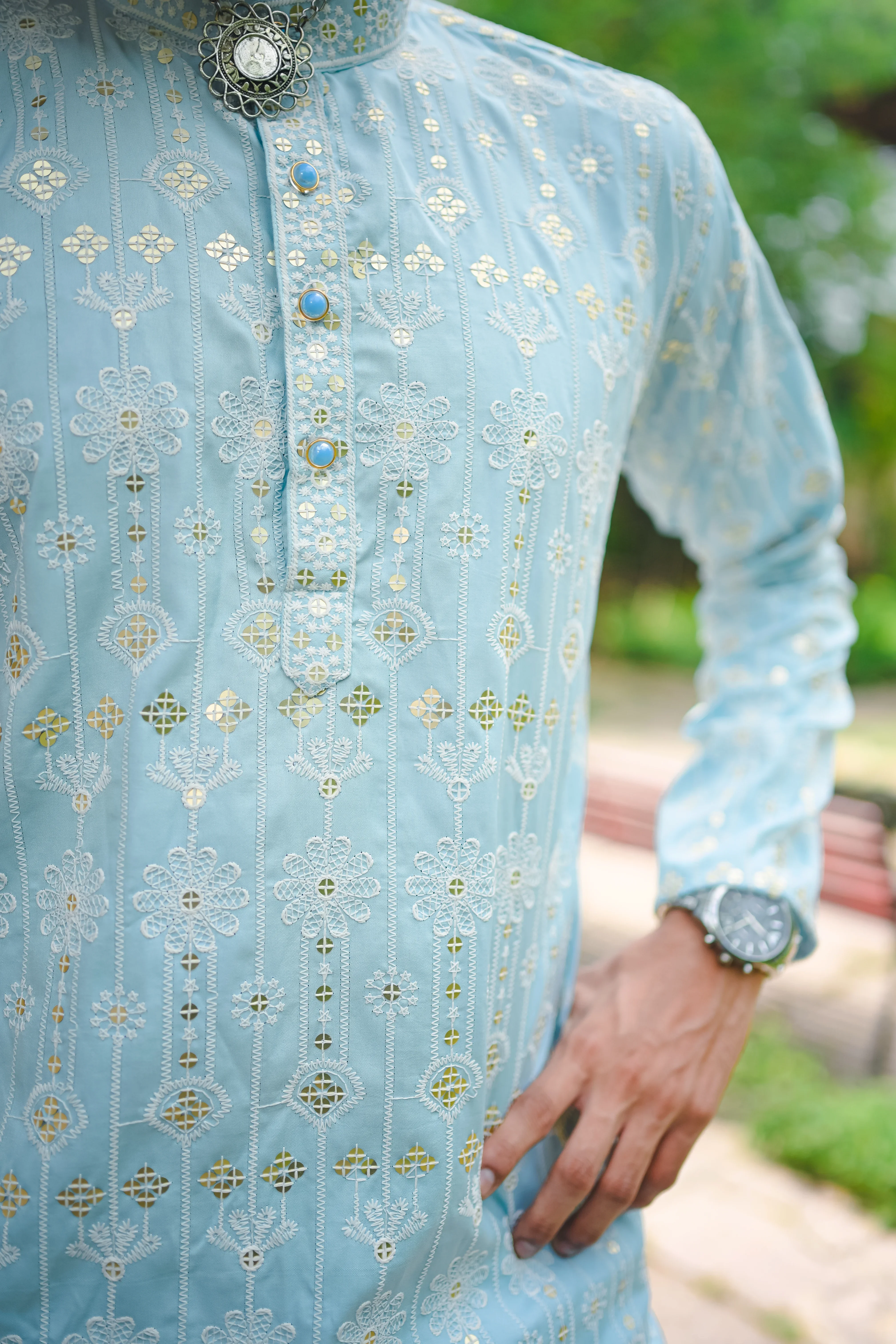 Sky Blue Thread And Mirror Work Kurta - Image 2