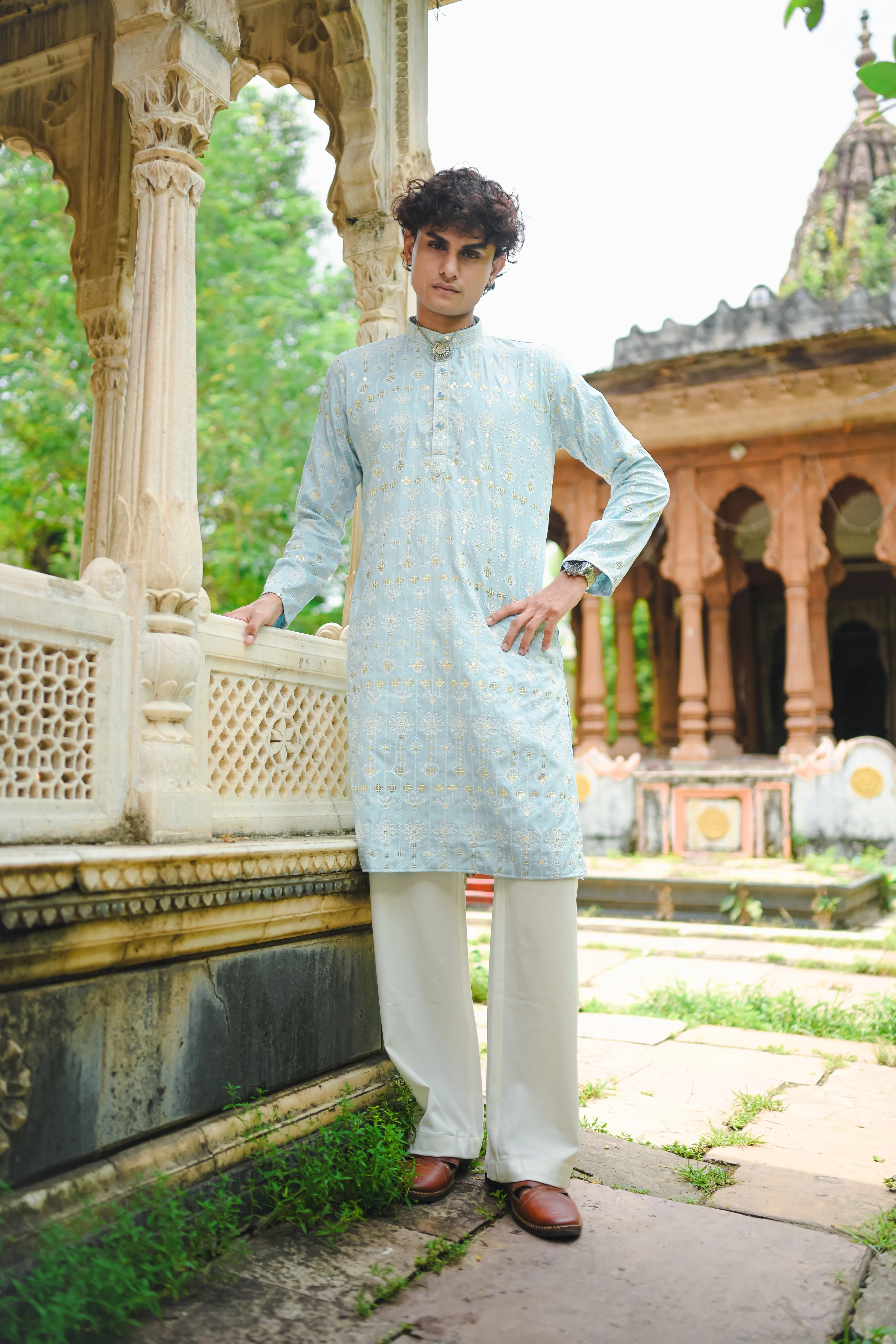 Sky Blue Thread And Mirror Work Kurta - Image 3