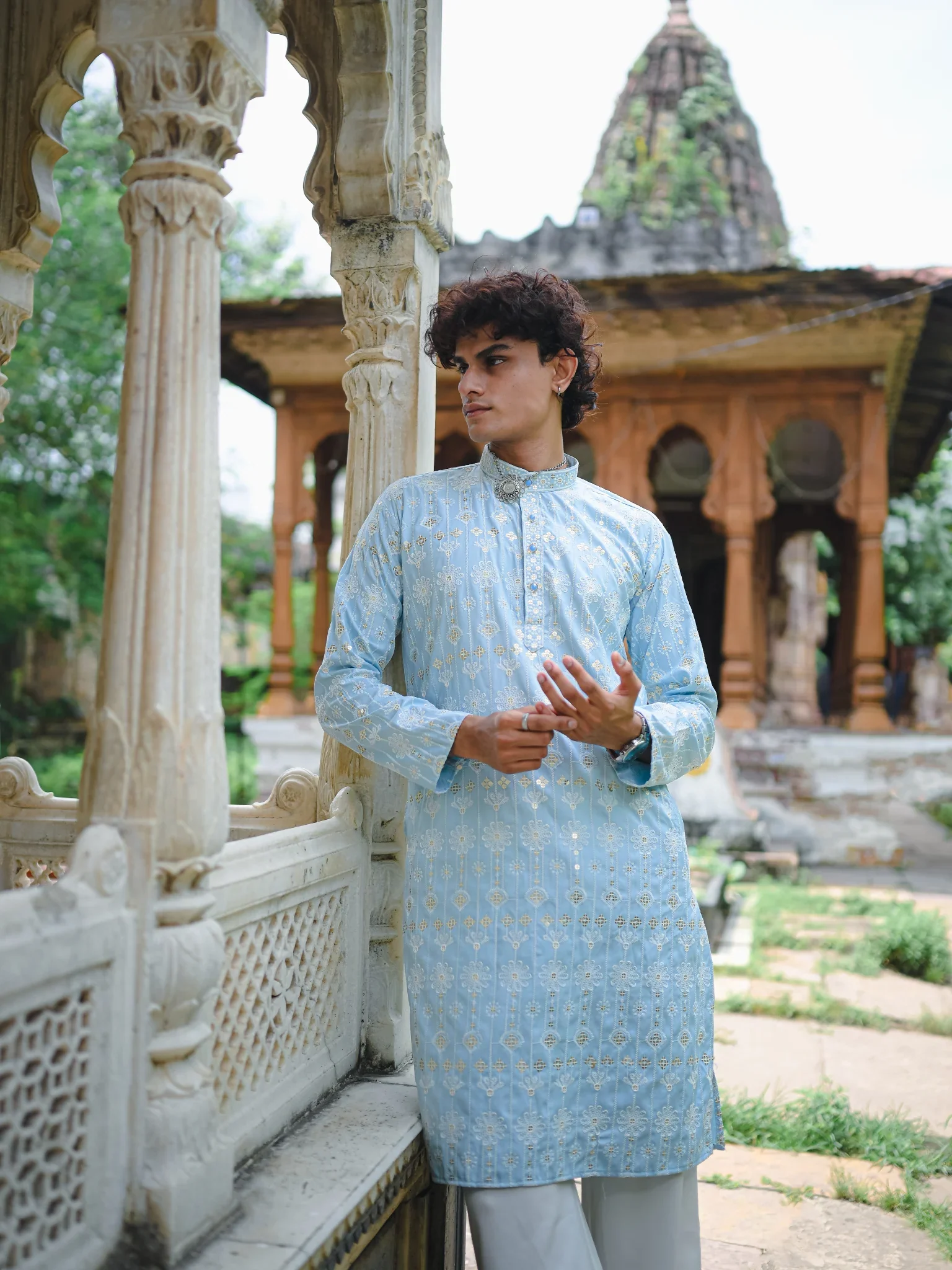 Sky Blue Thread And Mirror Work Kurta - Image 4