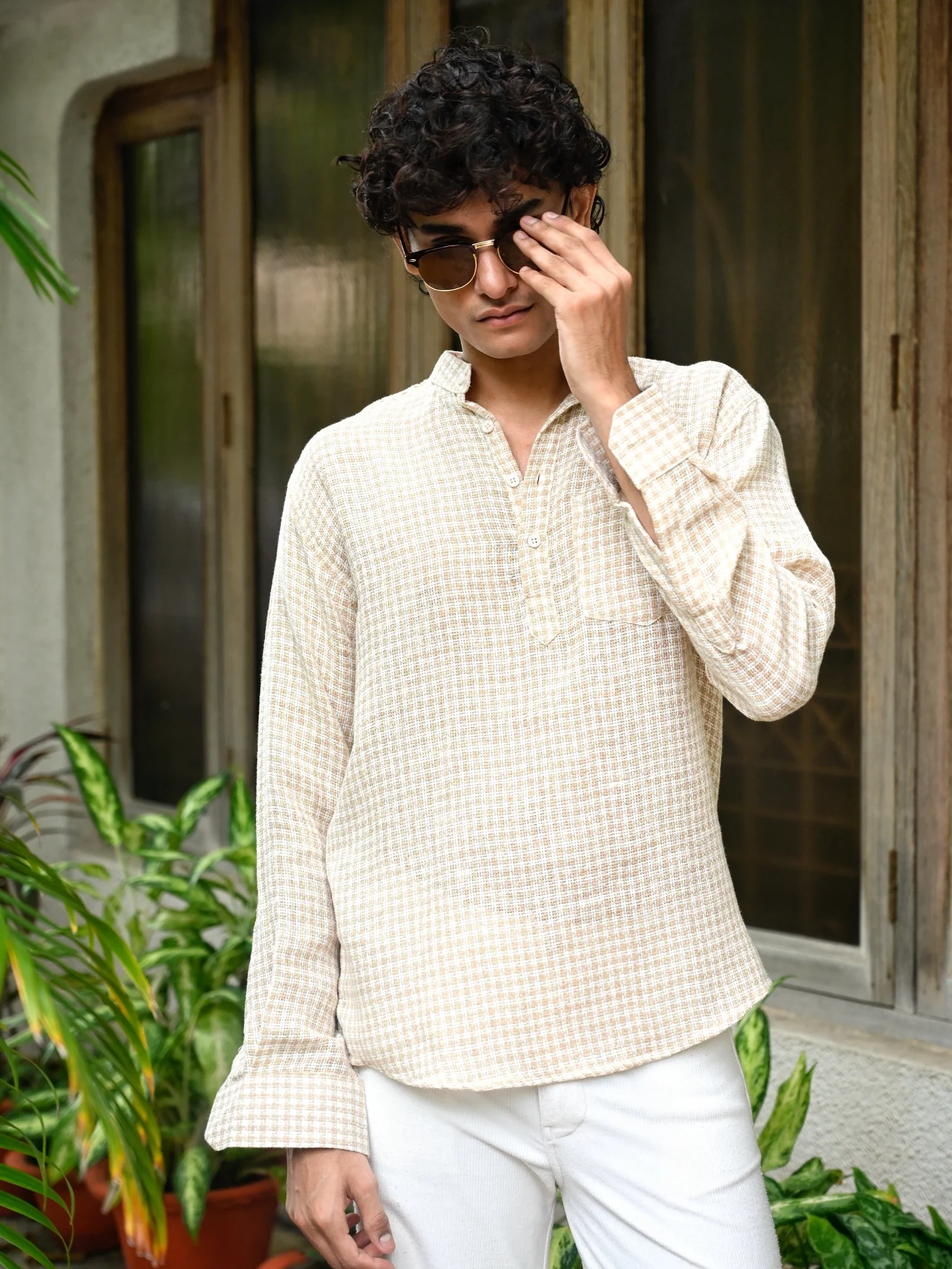 Tan Self pattern yarn Dyed Short Kurta - Image 3