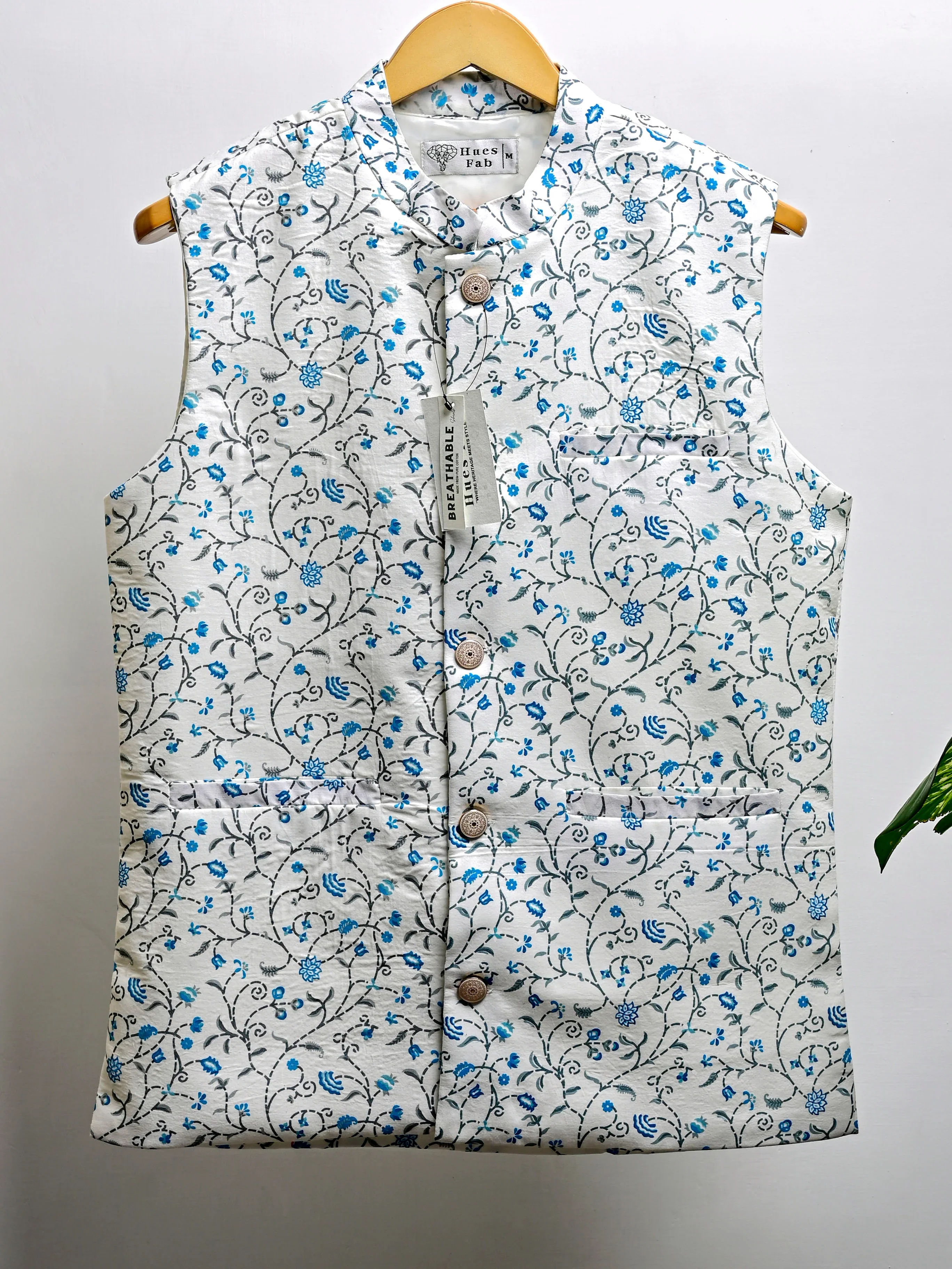 White Blue Floral Block Printed Nehru Jacket
