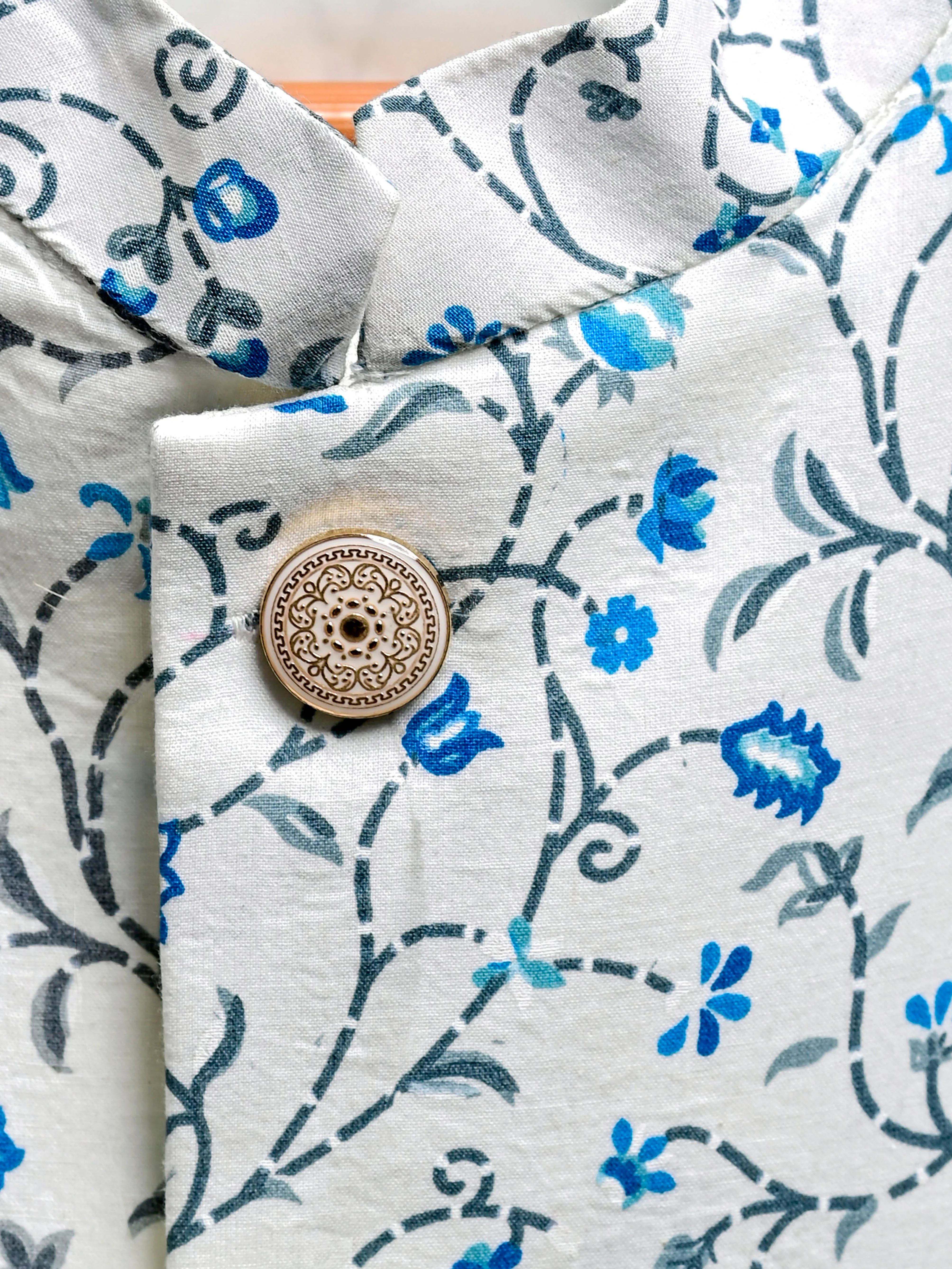 White Blue Floral Block Printed Nehru Jacket - Image 3