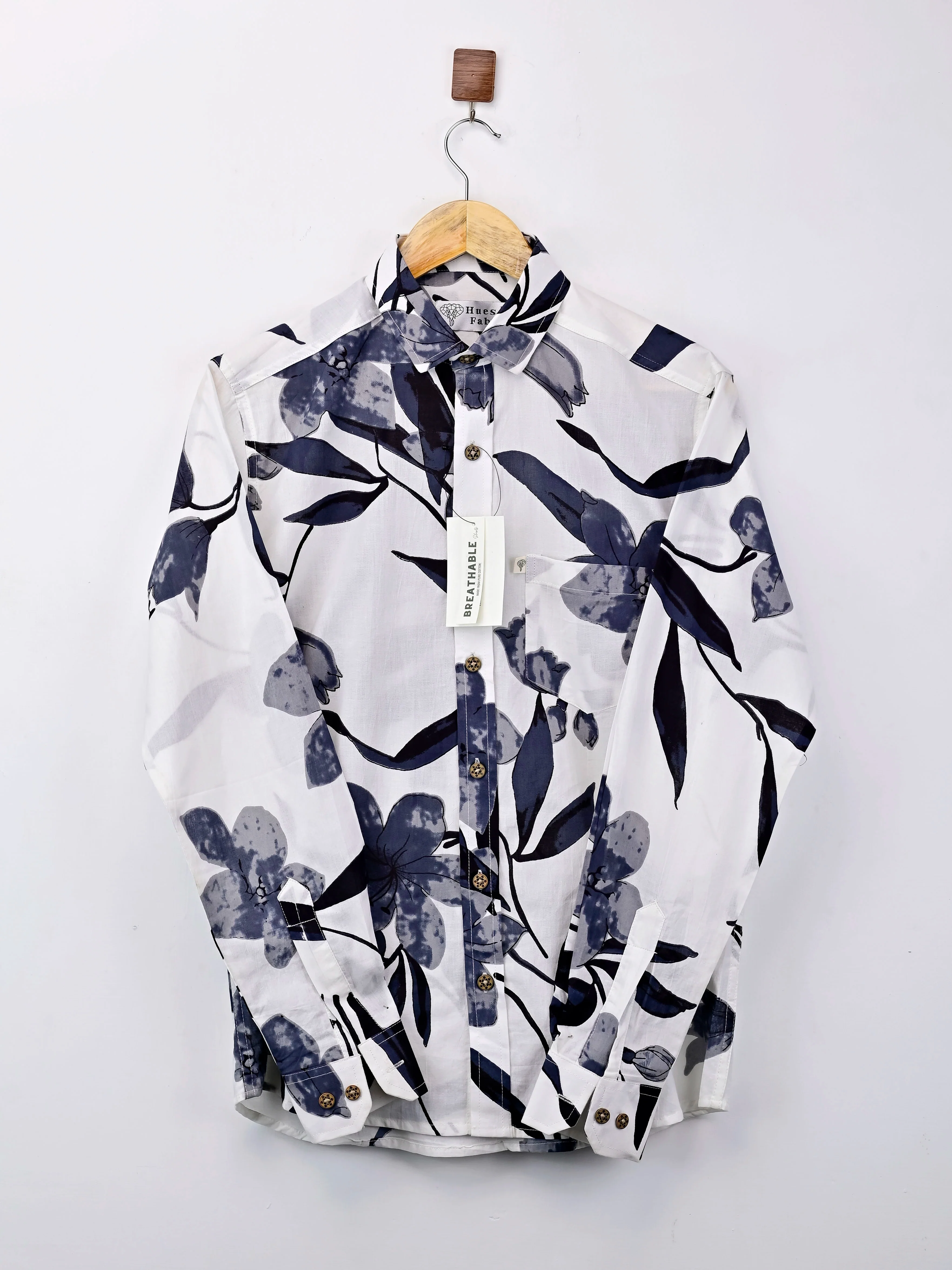 White – Grey Floral Printed Full Sleeves Shirt - Image 2