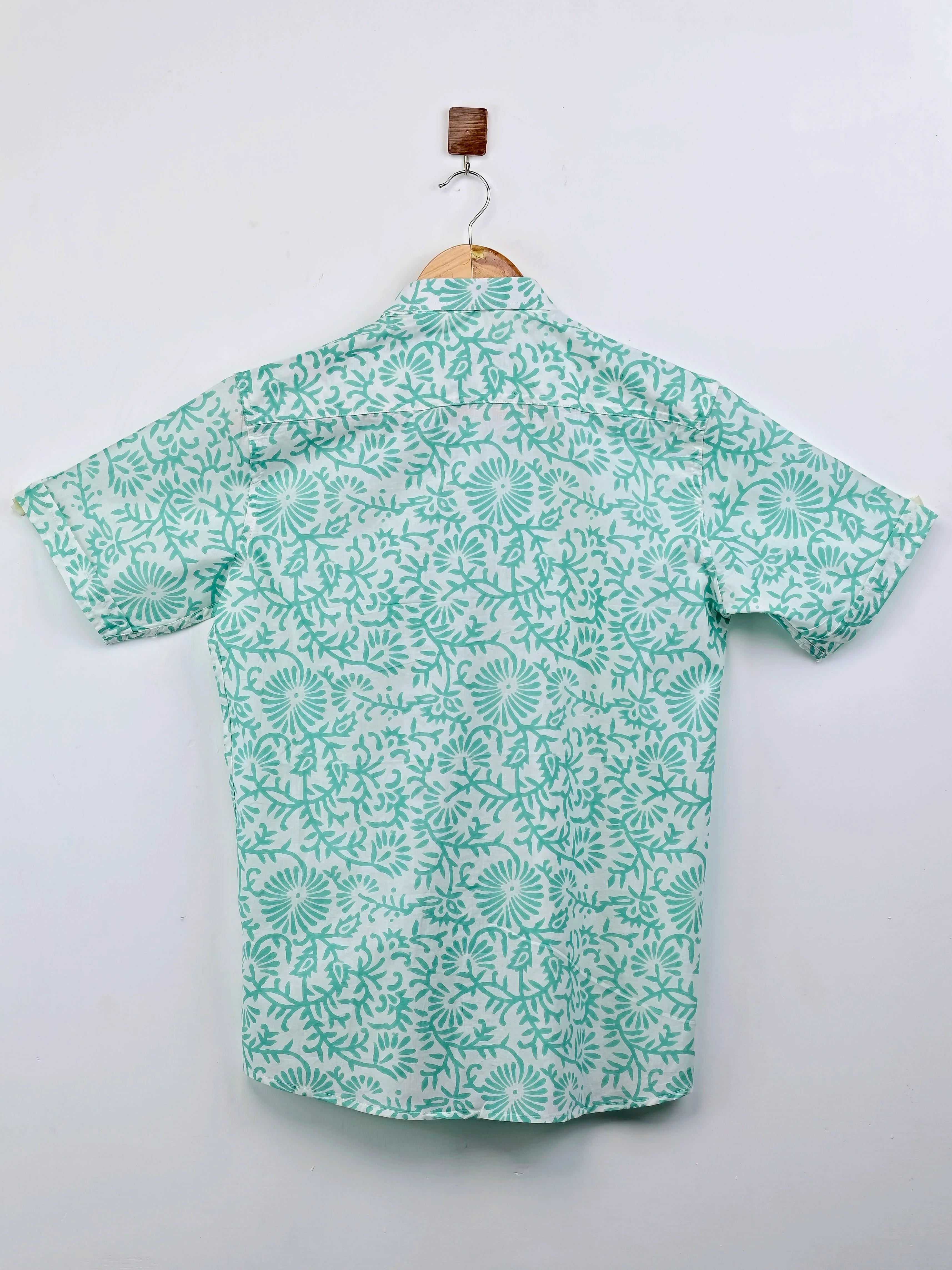 White – Mint Floral Half-Sleeves Shirt - Image 3