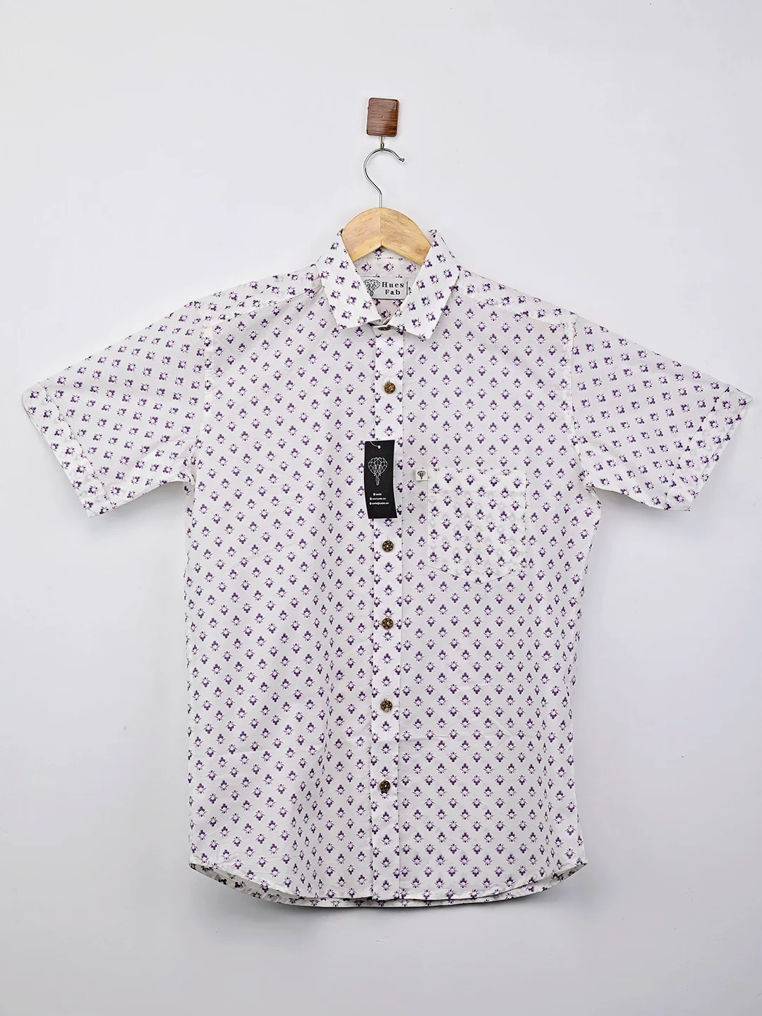 White – Purple Motif Printed Half-Sleeves Shirt - Image 2
