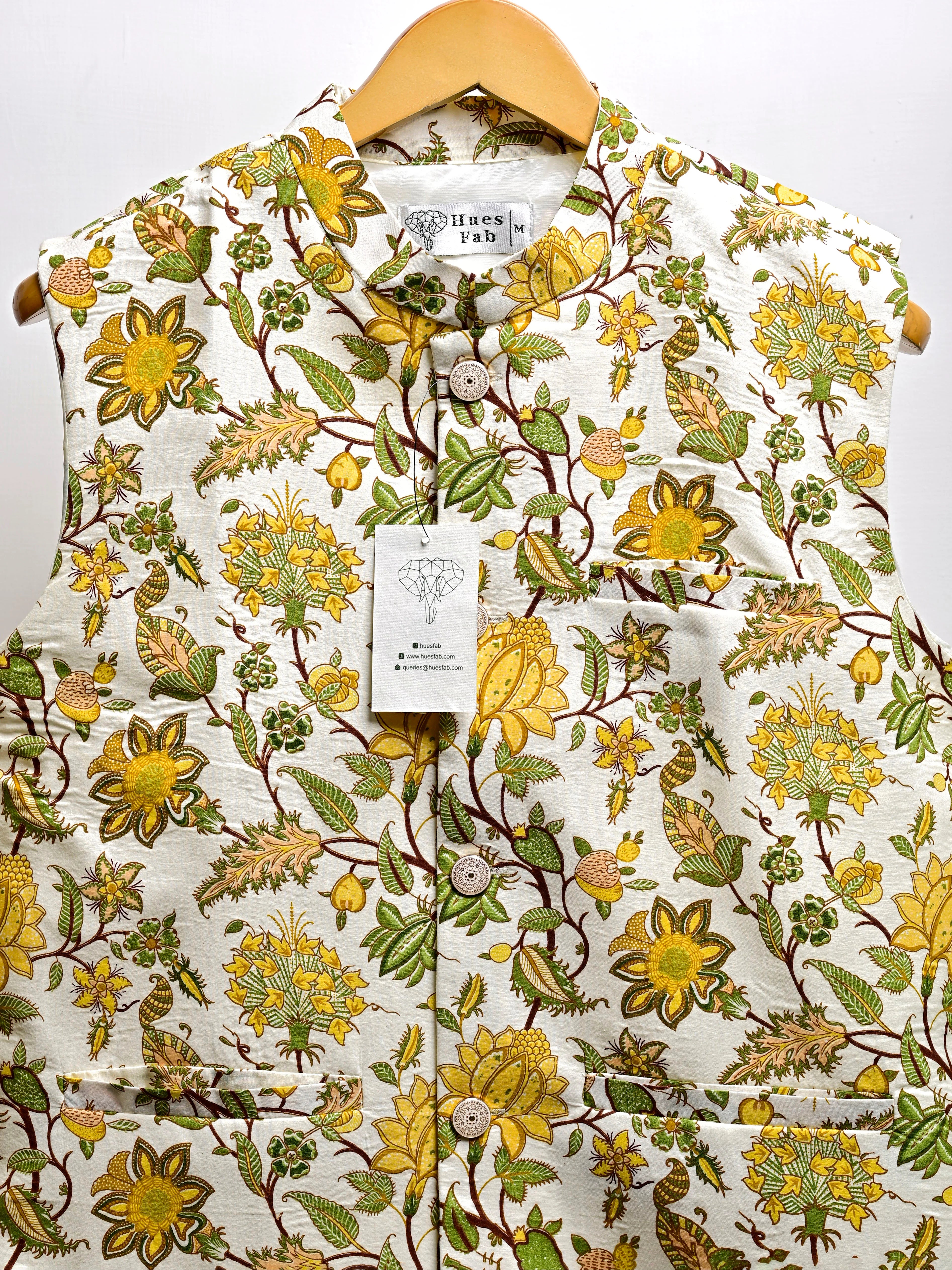 White Yellow Floral Block Printed Nehru Jacket - Image 3