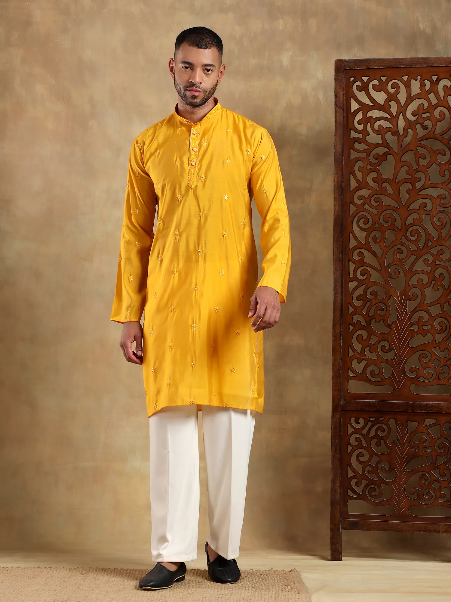Yellow Embroidered Long Kurta