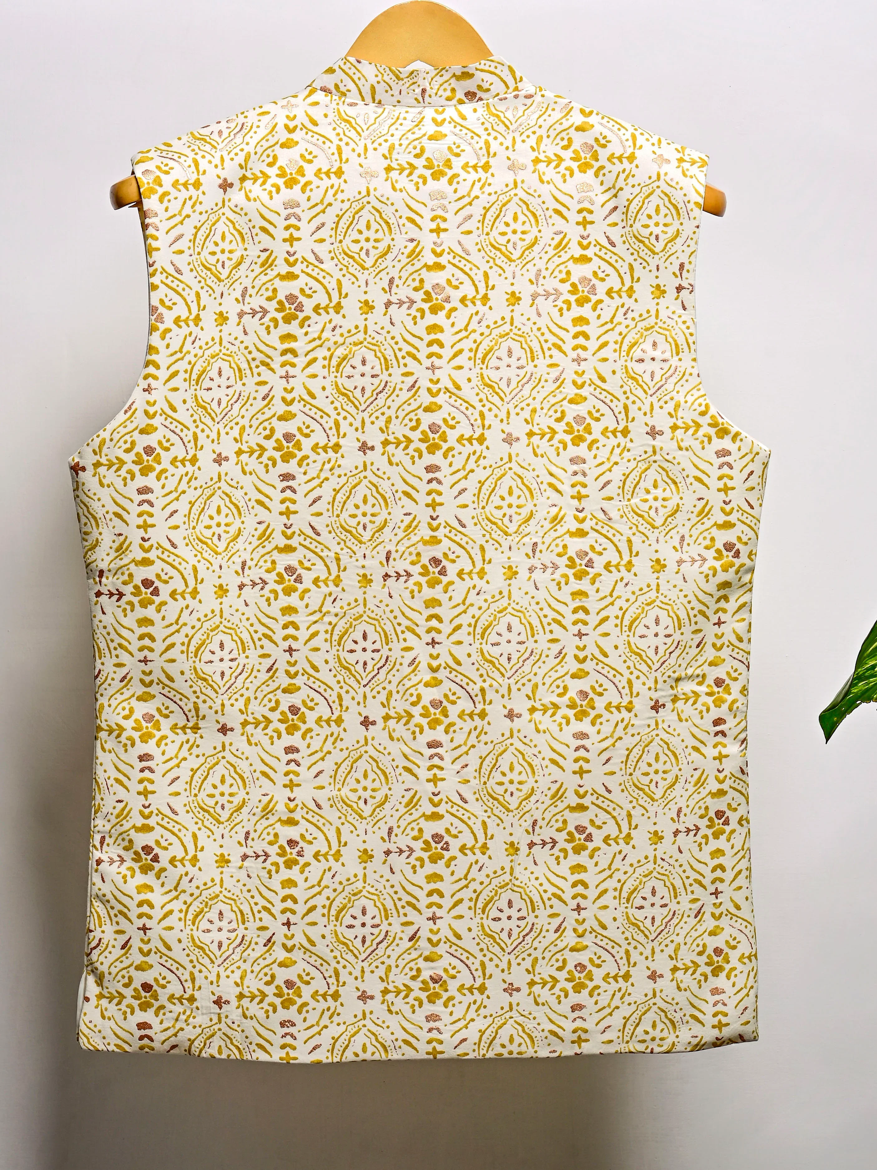 Yellow Glitter Block Printed Nehru Jacket - Image 3