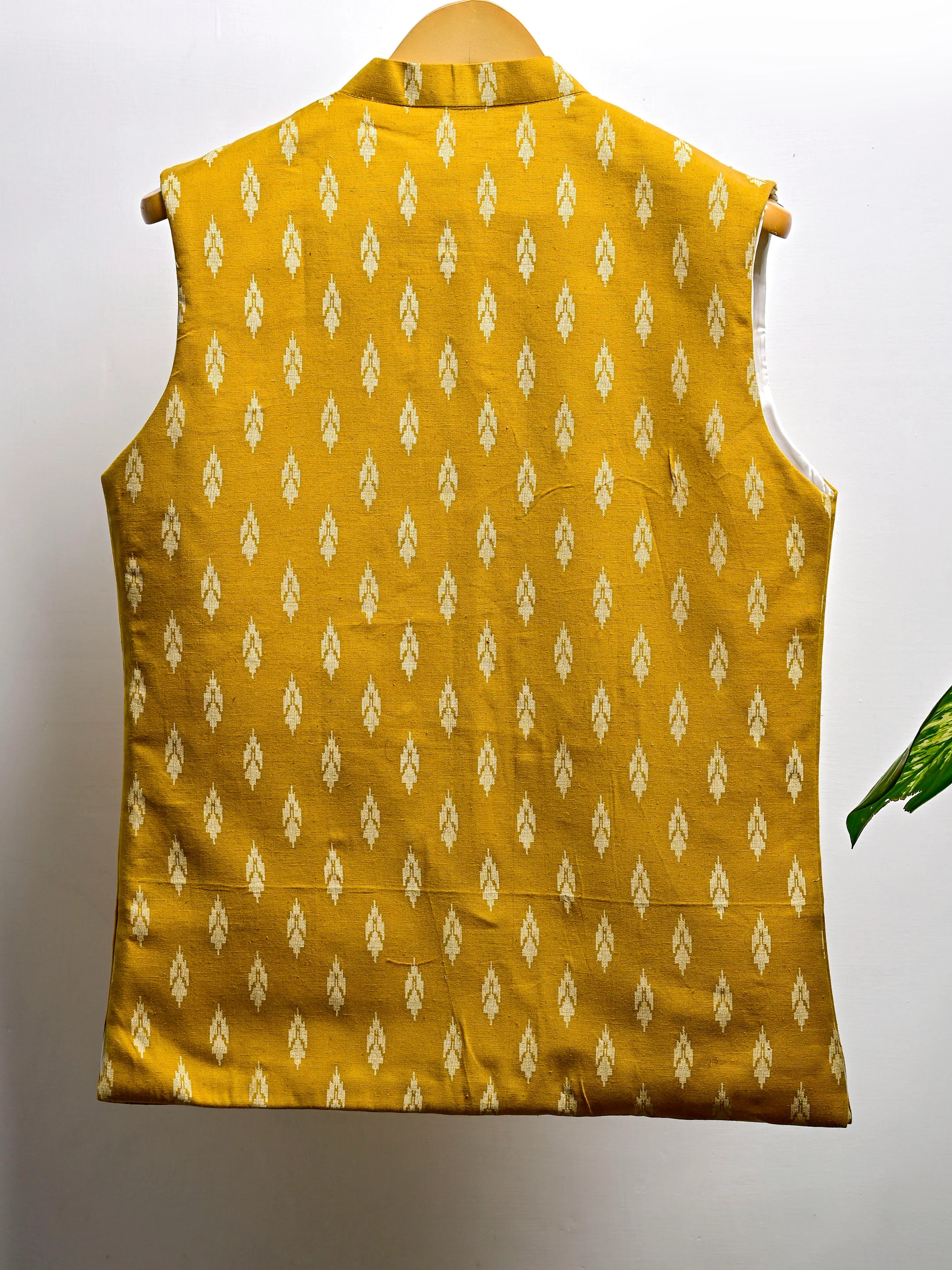 Yellow Motifs Block Printed Nehru Jacket - Image 3