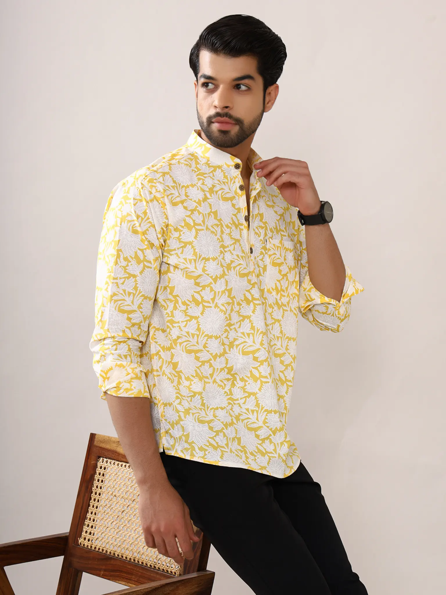 Yellow White Floral Short Kurta - Image 3